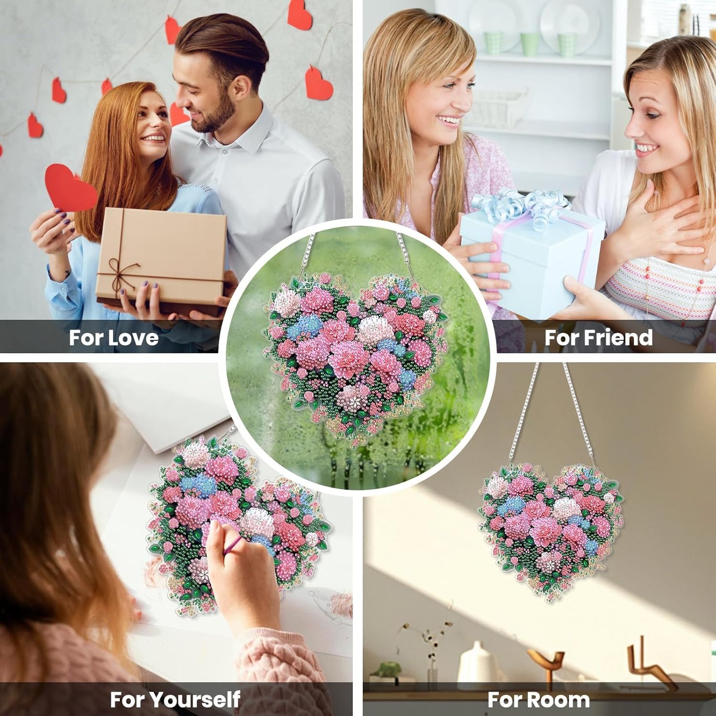 EOBROMD Diamond Hanging Art Kits for Adults, Heart Flower DIY Special Shaped Rhinestone Kits for Adults, Diamond Art Painting Suncatcher, Window Pendants Home Garden Wall Hanging Ornament