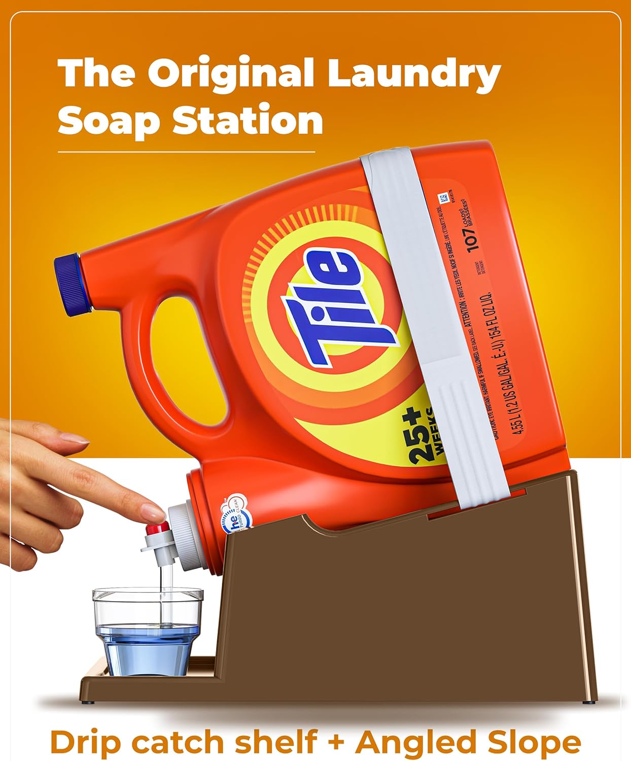 TidyFriend Laundry Detergent Holder Stand with Drip Tray, Laundry Soap Holder with Non-Slip Rubber Feet for Washing Space Organization, Angled Downward Slope for Easy Pouring (Brown)