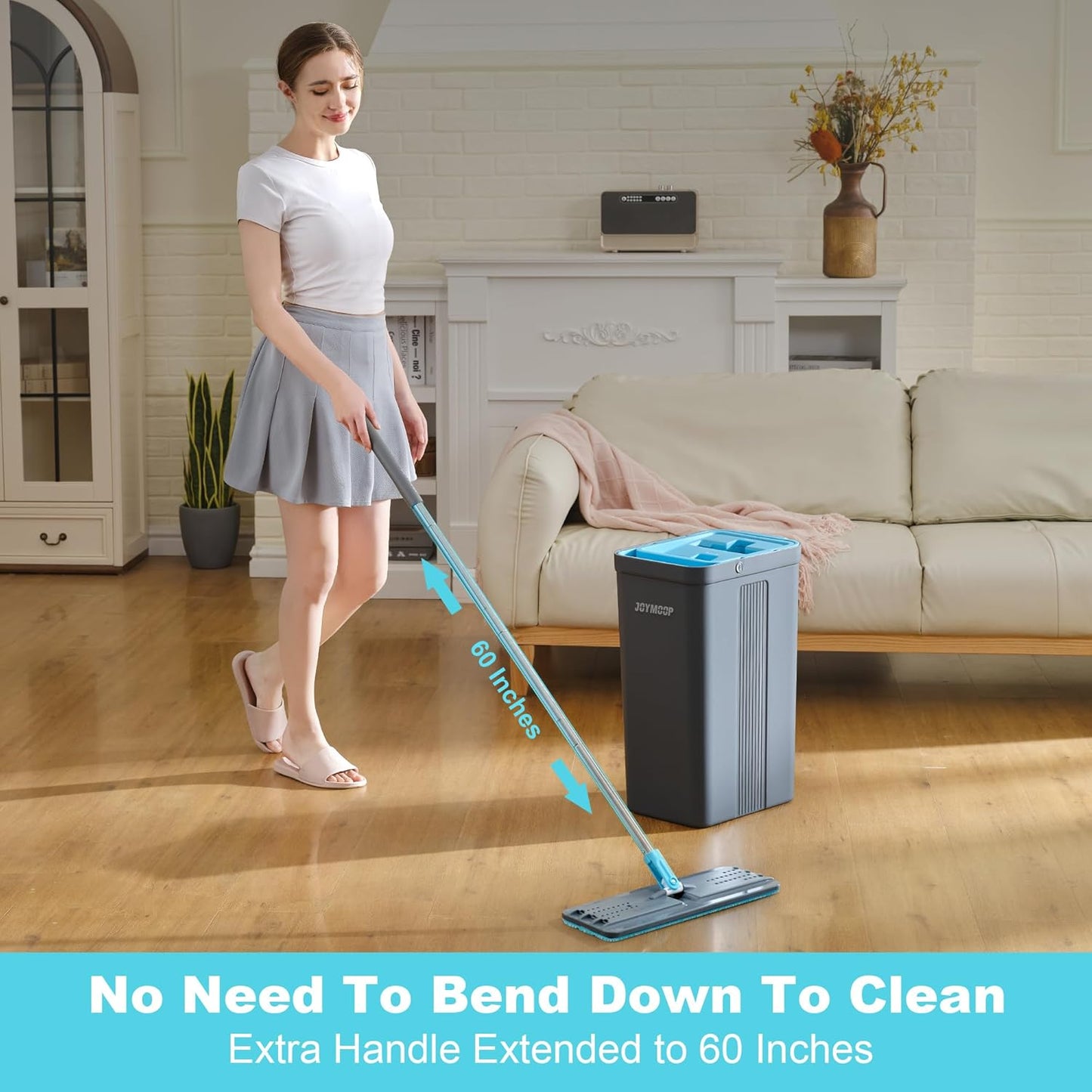 JOYMOOP Mop and Bucket Set with Wringer, Mops for Floor Cleaning, Wall Mop Cleaner with Long Handle, with 6 Reusable Microfiber Mop Pads - Grey+Cyan Blue