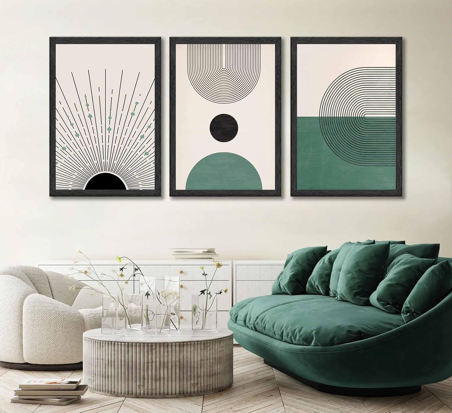 3 Pcs Sage Green Boho Canvas Wall Art Modern Abstract Minimalist Neutral Bohemian Sun Geometric Line Painting Picture Wall Decor Poster Print Artwork for Living Room Bedroom Home Decoration Unframed