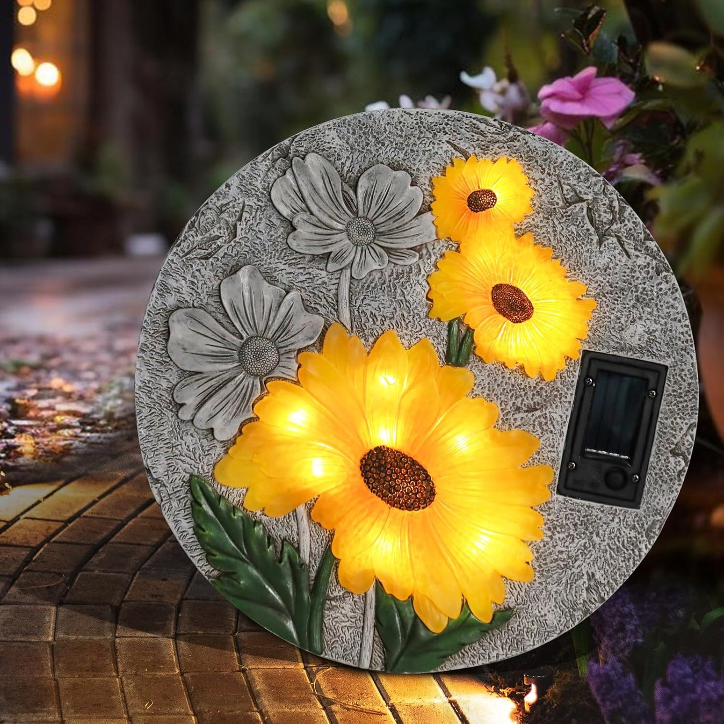 DREAM GARDEN Garden Décor Sunflower Outdoor Decorative Stones, Solar Garden Stone Resin Outdoor Garden Stone Patio, Walkway Stones Yard Art, 10.75 Inch