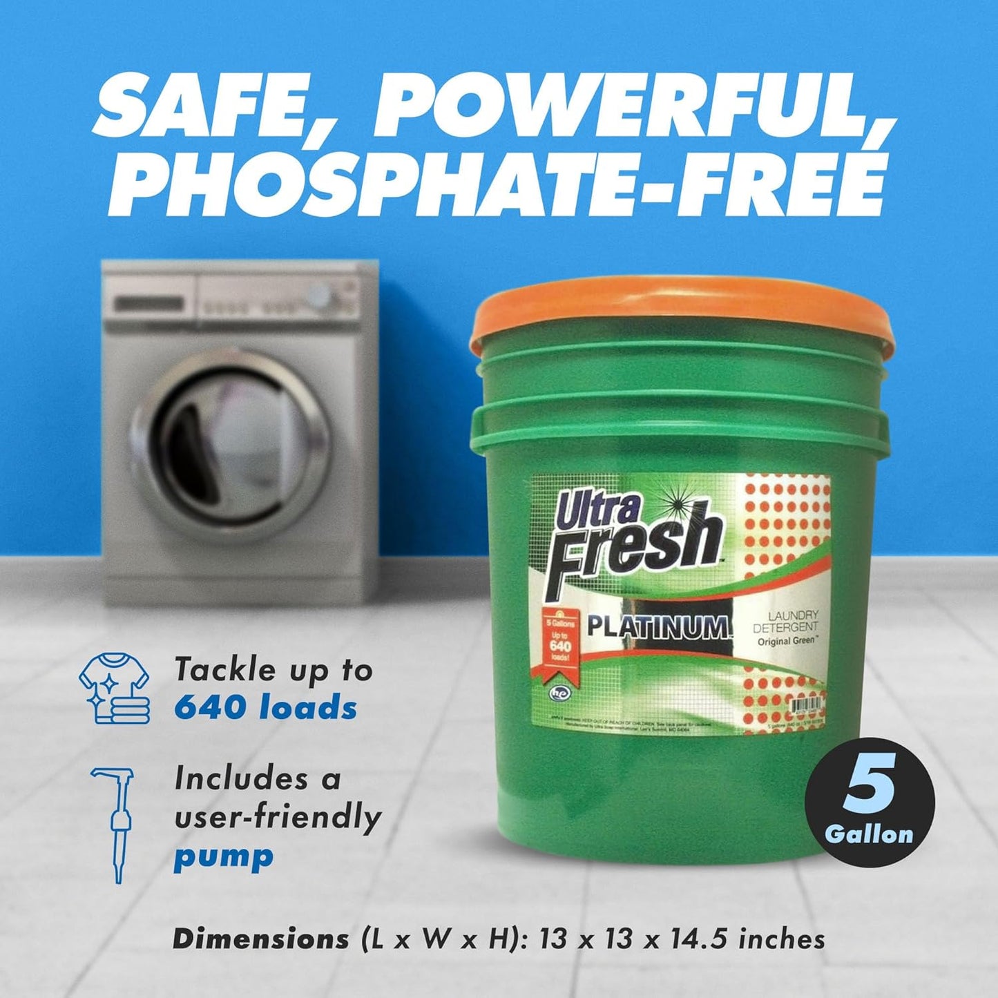 Ultra Fresh 5 Gallon Liquid Laundry Detergent Washing Soap for All Machine Types, 3X Platinum, Up to 640 Loads, Original Green
