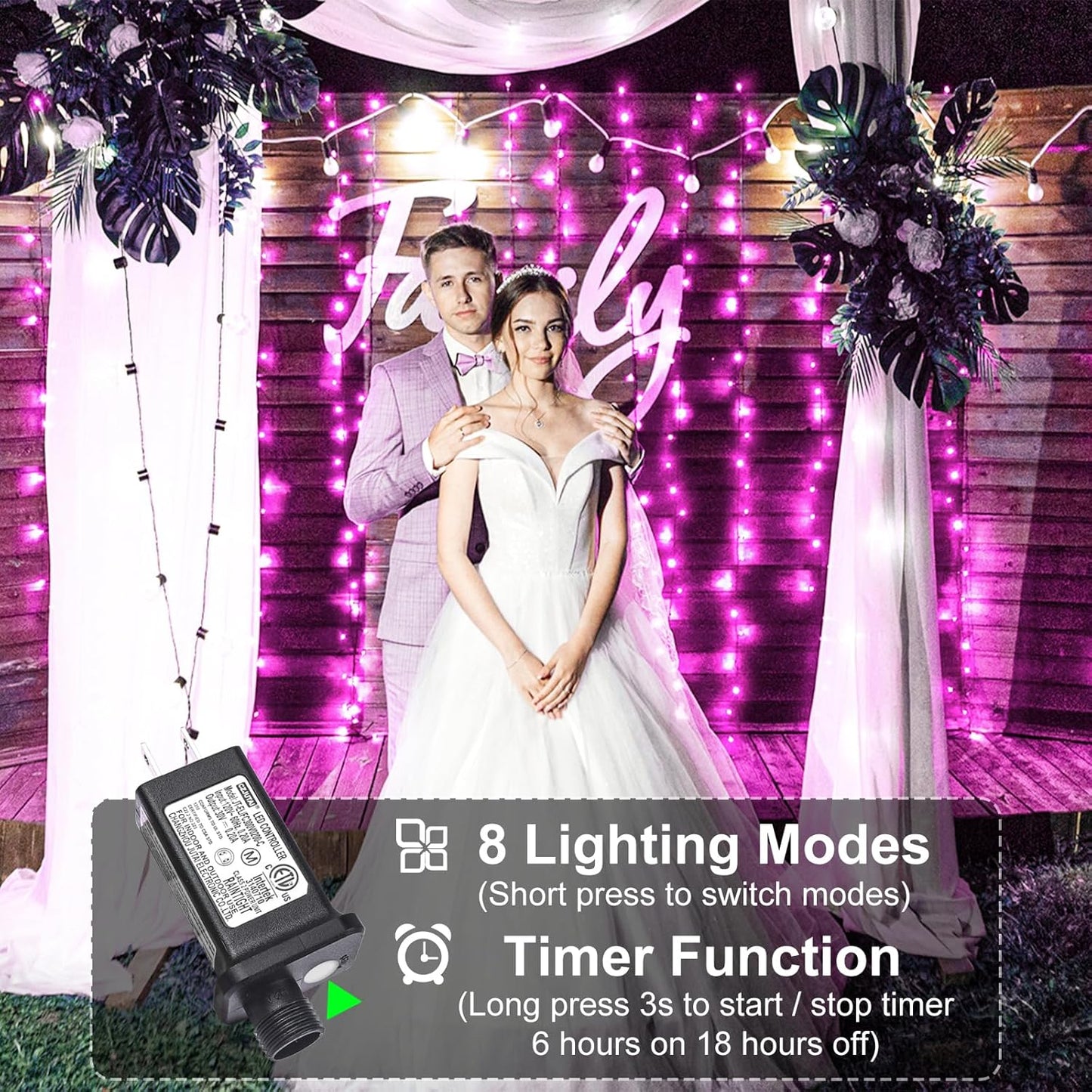 2 Pack Christmas Lights Outdoor, Total 200FT 600LED String Lights for Outside with 8 Modes Waterproof, Green Wire Twinkle Tree Lights for Indoor Room Patio Garden Party Decorations, Pink