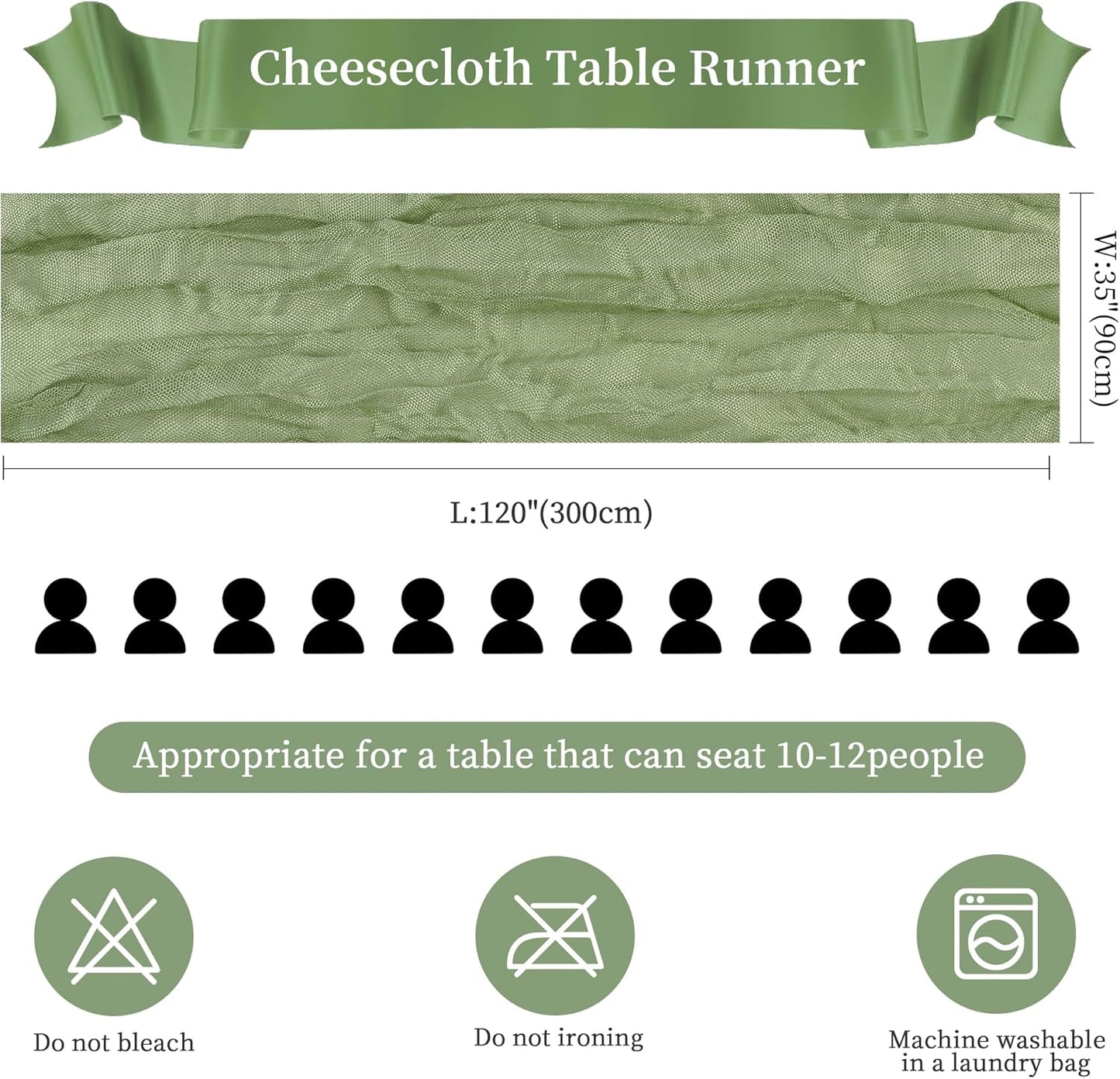 12 Pack Sage Green Cheesecloth Table Runner 10FT Long Boho Gauze Table Runner Rustic Sheer Runner for Wedding Bridal Baby Shower Birthday Party Table Decor Thanksgiving Christmas Decorations