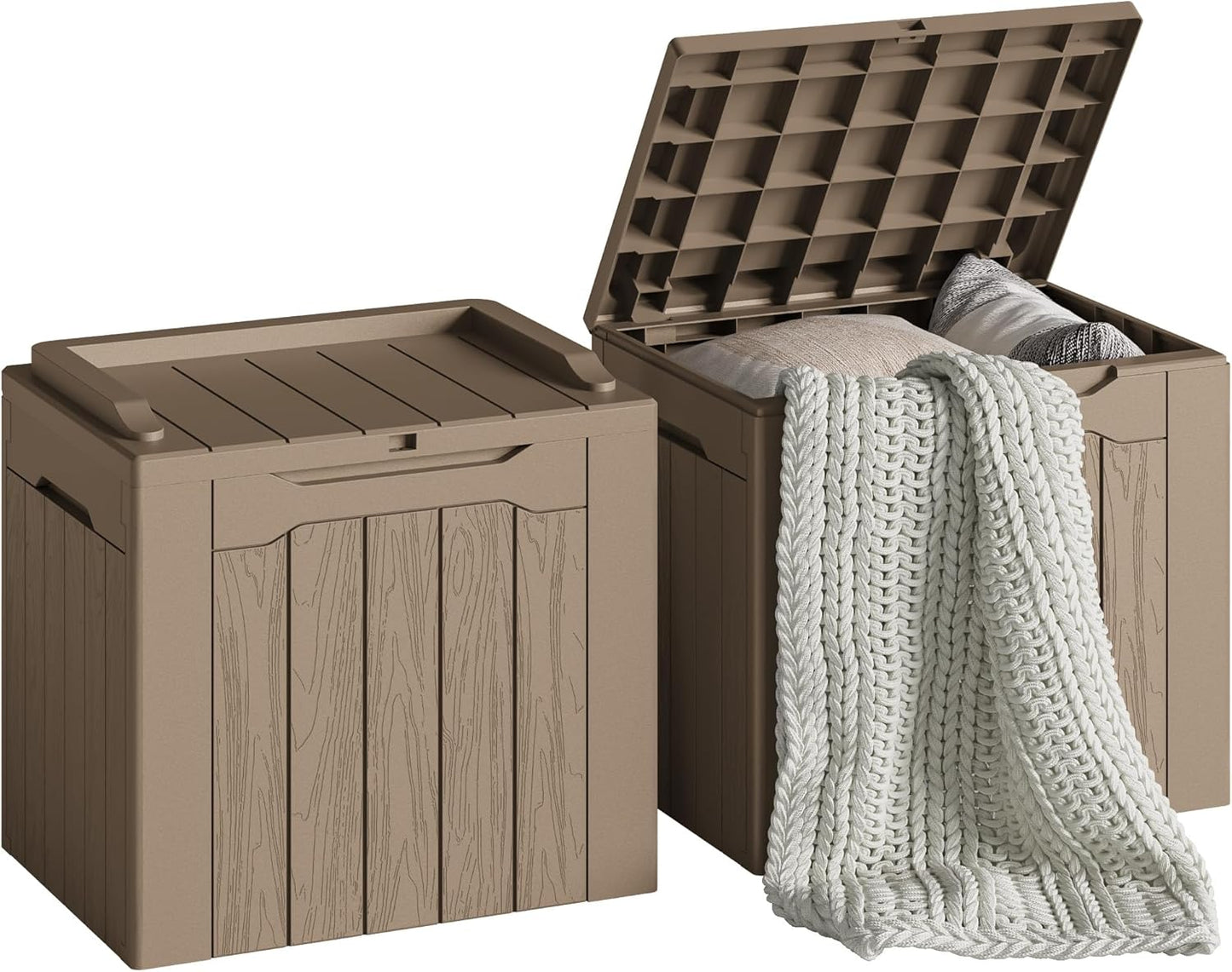 Devoko 30 Gallon Resin Deck Box 2 Pack Outdoor Indoor Waterproof Storage Box for Patio Furniture Pool Accessories Storage for Cushion Garden Tools (Light Brown, 2 Pack)