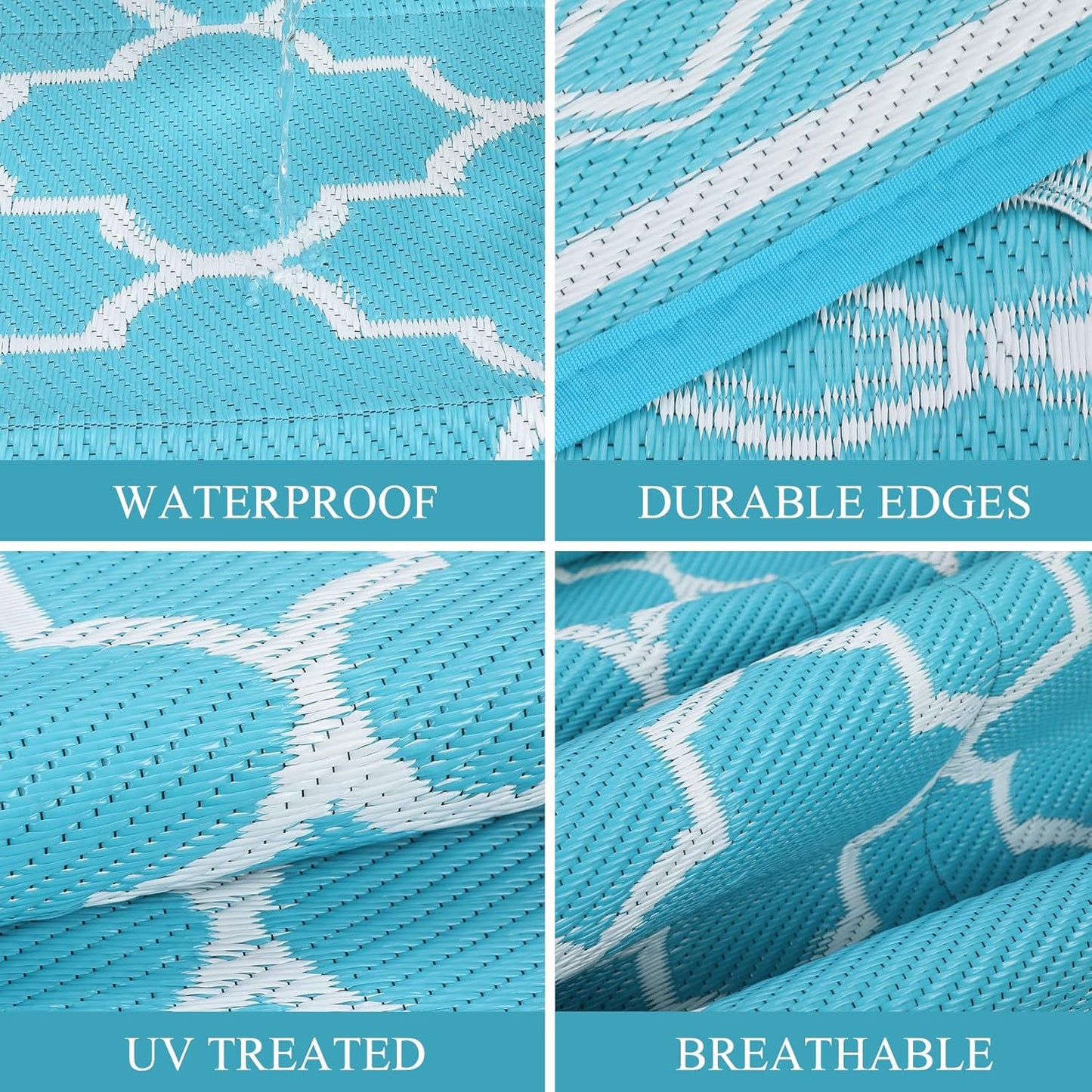 GAOMON Outdoor Rug Waterproof 8'x10', Reversible Outdoor Plastic Straw Rug, Boho Patio Rug, Indoor Outdoor Carpet, RV Mat Outside for Patio, Camp, Picnic, Balcony, Deck, Teal/White(Geometric)