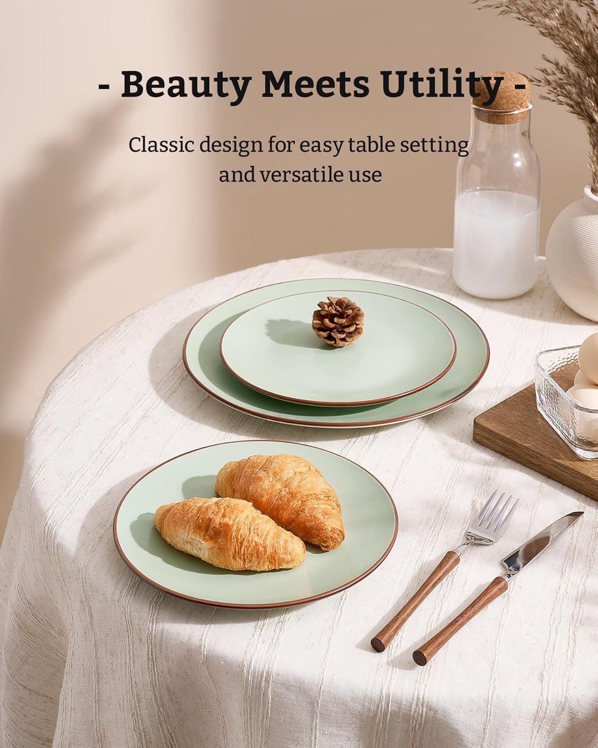 Famiware Venus Plates and Bowls Sets, 12 Pieces Stoneware Speckled Dinnerware Sets, Dishes Set for 4, Microwave and Dishwasher Safe, Matte Light Green