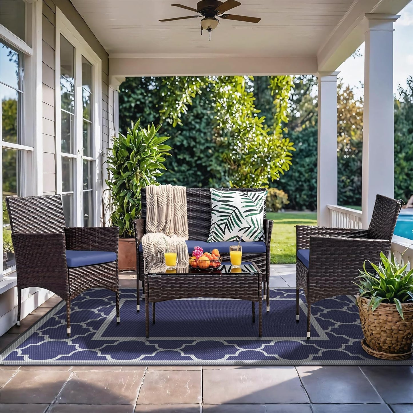 GENIMO Outdoor Rug 5' x 8' Patio Waterproof, Foldable Reversible Plastic Straw Area Rugs Mat for Camper Decor, Outside Carpet for Rv, Deck, Porch, Picnic, Beach, Balcony, Blue & Grey