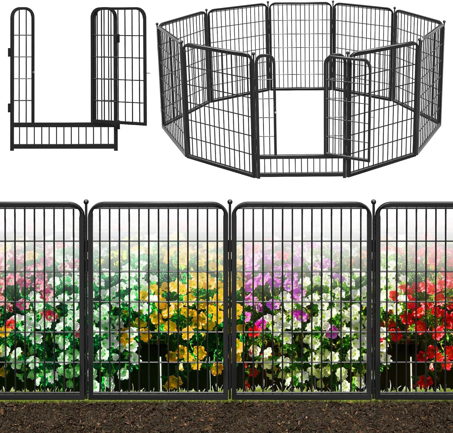 Decorative Black Metal Fencing Garden Fence with Gate, 23ft(L) 40in(H) 10 Fence Panels No Dig Fence Rustproof Animal Barrier Fence Temporary Dog Panels Fencing Outdoor