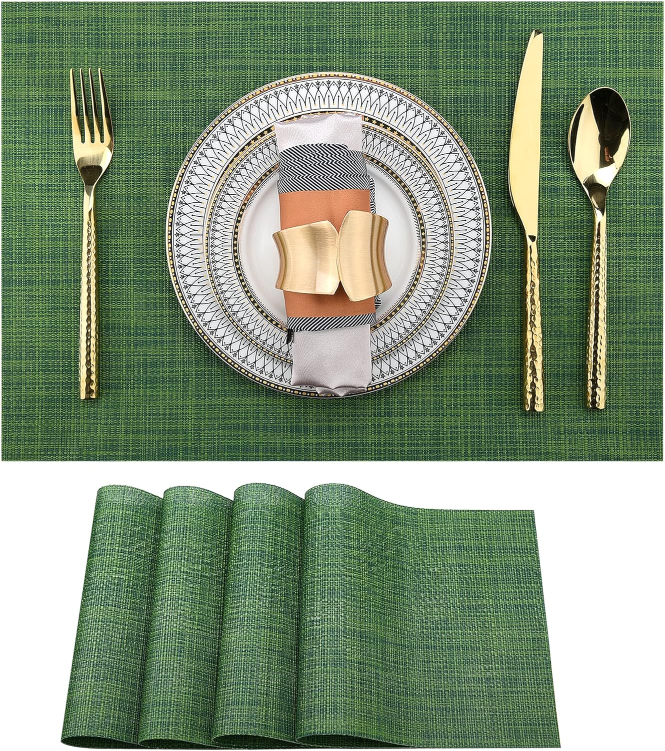 Green Christmas Placemats Set of 4 - Wipe Clean Vinyl Placemats - Washable Heat Resistant PVC Placemats for Dining Table - 17x12 Inch (Green, 4)