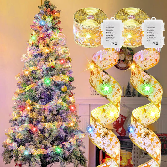 2 Pack Christmas Tree String Lights - 33ft 100 LED Battery Powered Fairy Lights with Timer and 8 Lighting Modes, Gold Ribbon Bows Lights for 6ft - 8ft Christmas Tree Decor, Multi-color