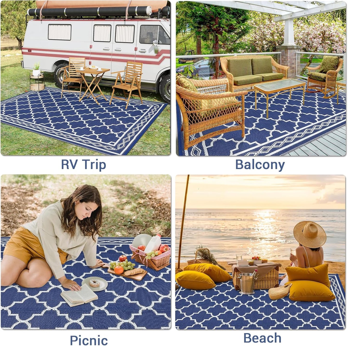GAOMON Outdoor Rug for Patio 5'x8' Reversible Plastic Rugs Camping Mat for Outdoor, RV, Backyard, Deck, Balcony, Picnic, Beach, Navy/White(Geometric)