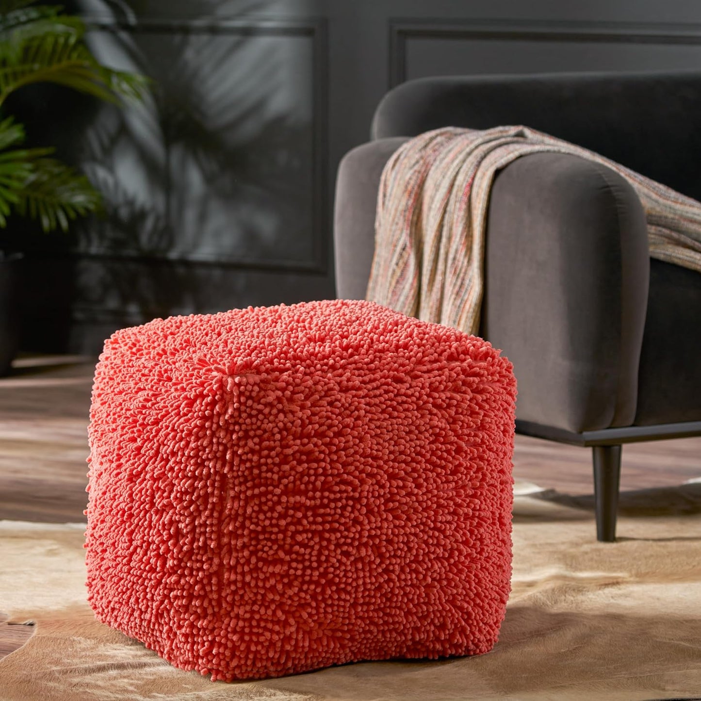 GDFStudio Modern Microfiber Chenille Cube Pouf Ottoman Foot Stool - Bean Bag Floor Chair - Foot Rest Couch for Living Room Bedroom,Coral,16"" x 16"" x 16"", Statha,coral, 314105N