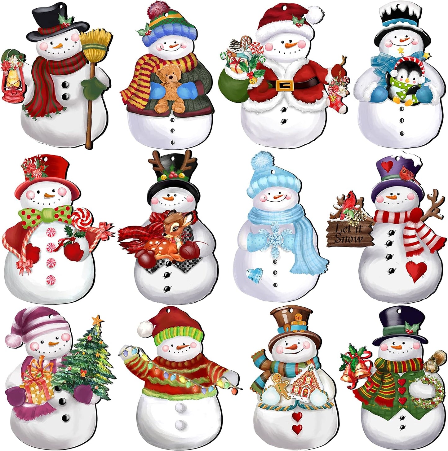 24 Pieces Christmas Snowman Wooden Ornaments Wood Hanging Decoration Set for Christmas Tree Hanging Wood Crafts Holiday Decor Xmas Party Supplies