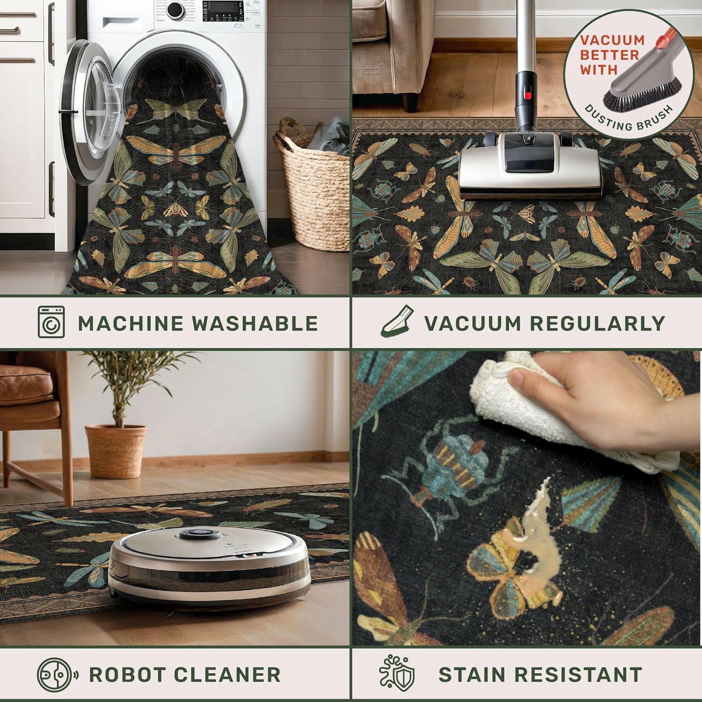 2x6 Black Entryway Runner Rugs Washable Non Slip Runners for Hallway, Kitchen, Mudroom, Laundry Room, Stain Resistant Ultra Soft Non Skid, Nature Insect Fantasy Whimsical Indoor Decor