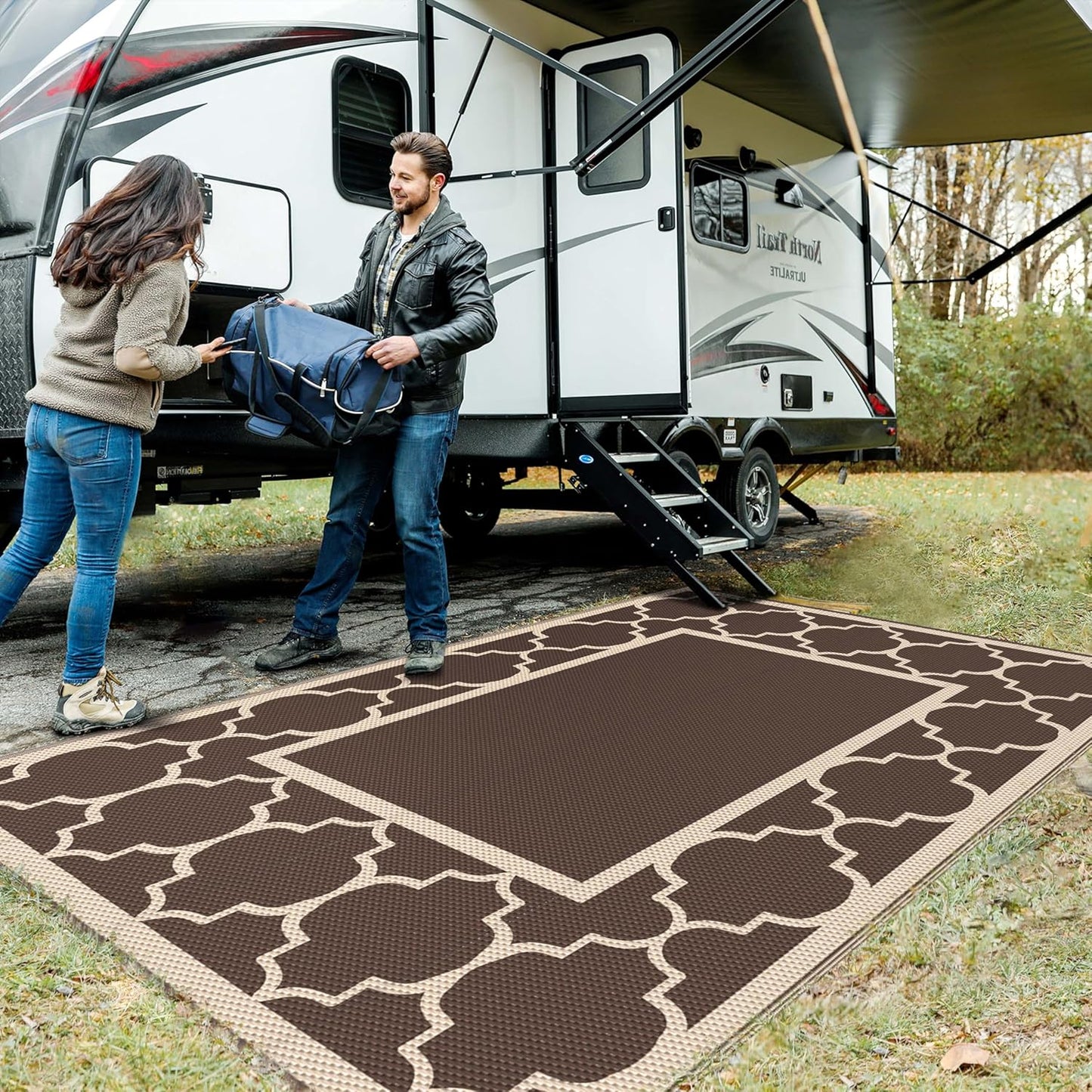 GENIMO 9' x 12' Outdoor Rug Waterproof for Patio Decor, Foldable Reversible Plastic Straw Area Rugs Mat for Camper, Outside Carpet for Rv, Deck, Porch, Picnic, Beach, Balcony, Coffee & Beige