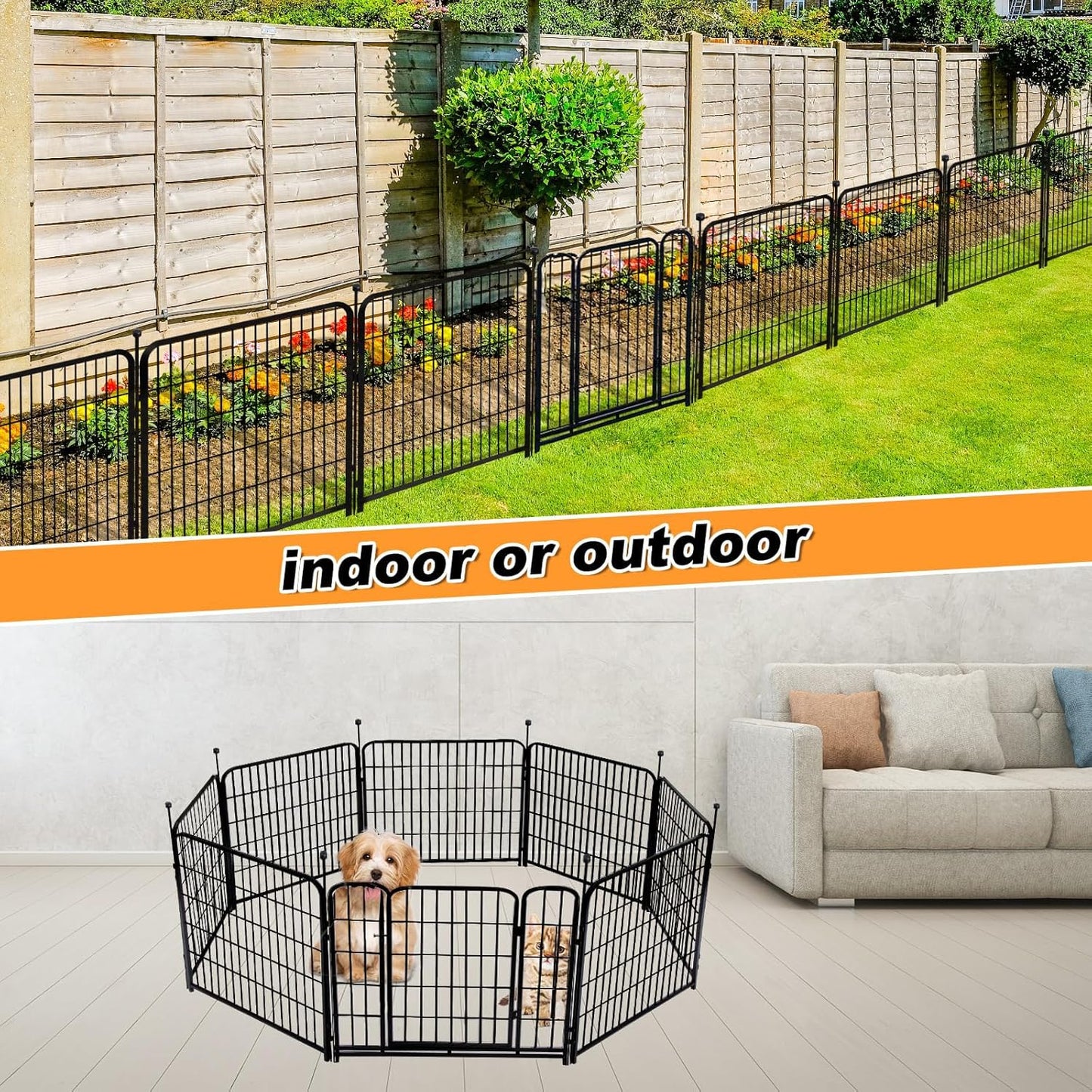 24 in(H) Decorative Garden Fences with Gate, 8 Panels Total 15.7 ft(L) Heavy Duty Iron Animal Barrier Fence for Yard,Suitable for Indoor Pet Fence Or Outdoor Dog Fencing, Garden Border Fence