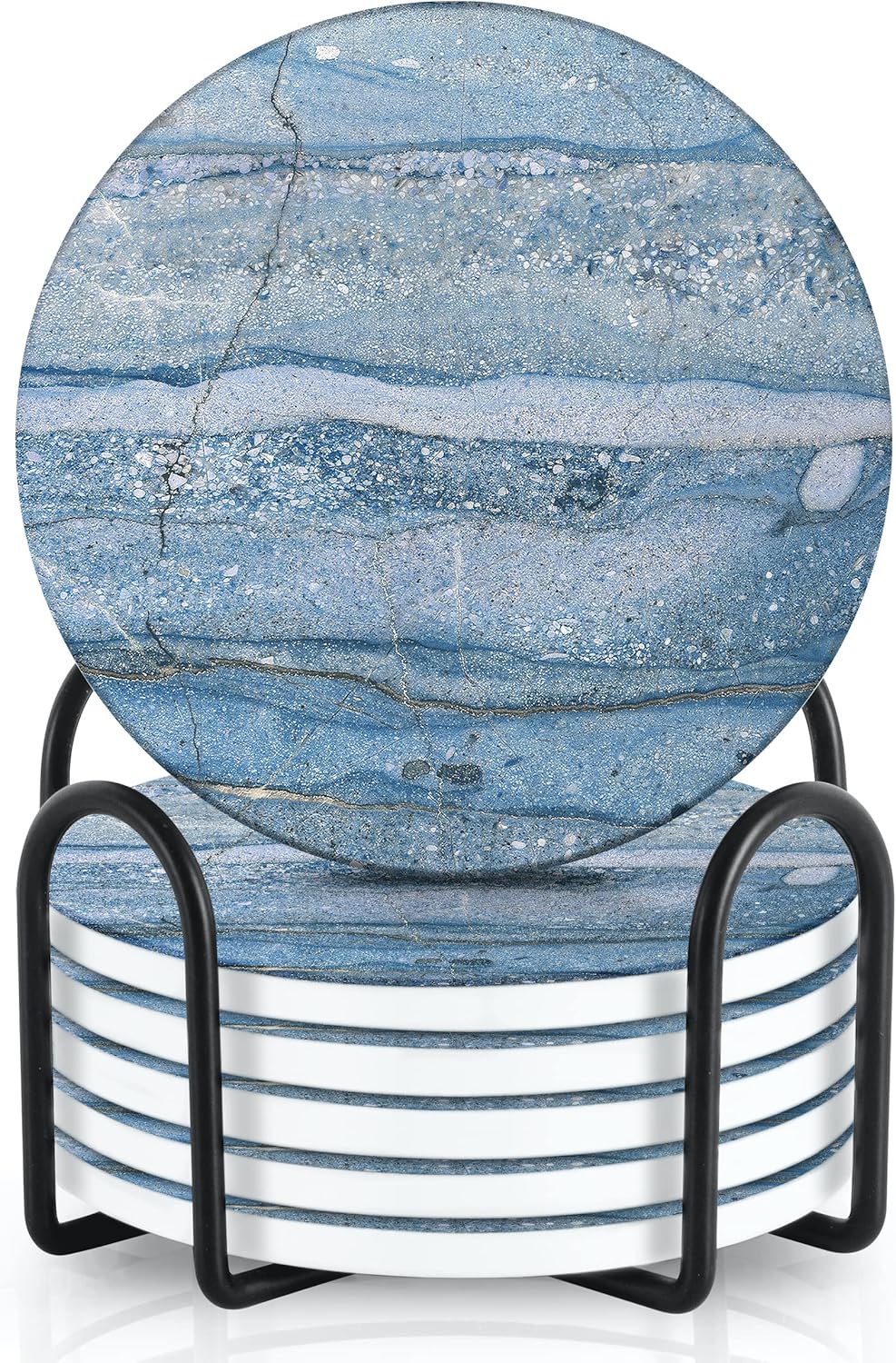 Emerson Coasters for Drinks Absorbent – Natural Stone Drink Coasters Set with Holder, Coasters for Coffee Table, Wooden Tabletop Protection Marble Style – 100% Heavy Duty Set of 6 (Beach)