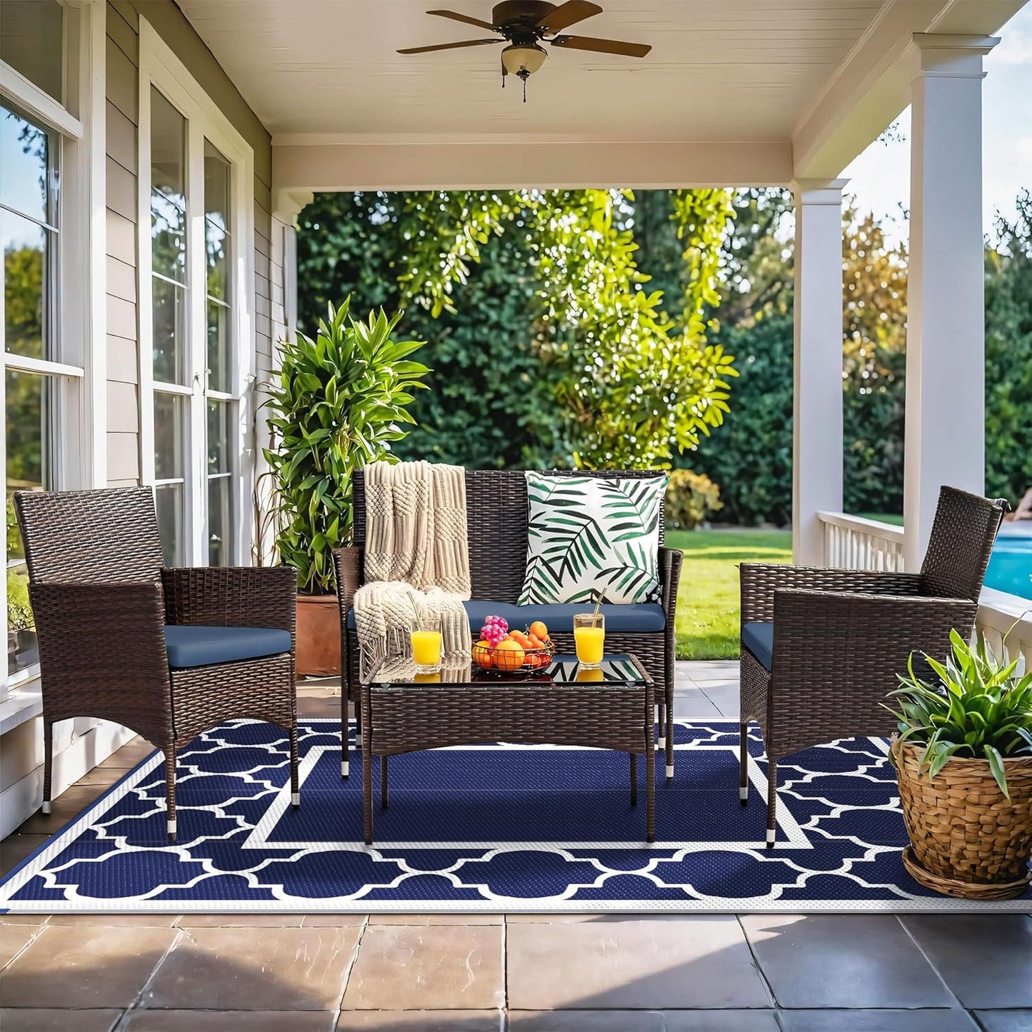 GENIMO 4' x 6' Outdoor Rug Waterproof for Patio Decor, Foldable Reversible Plastic Straw Area Rugs Mat for Camper, Outside Carpet for Rv, Deck, Porch, Picnic, Beach, Balcony, Blue & White