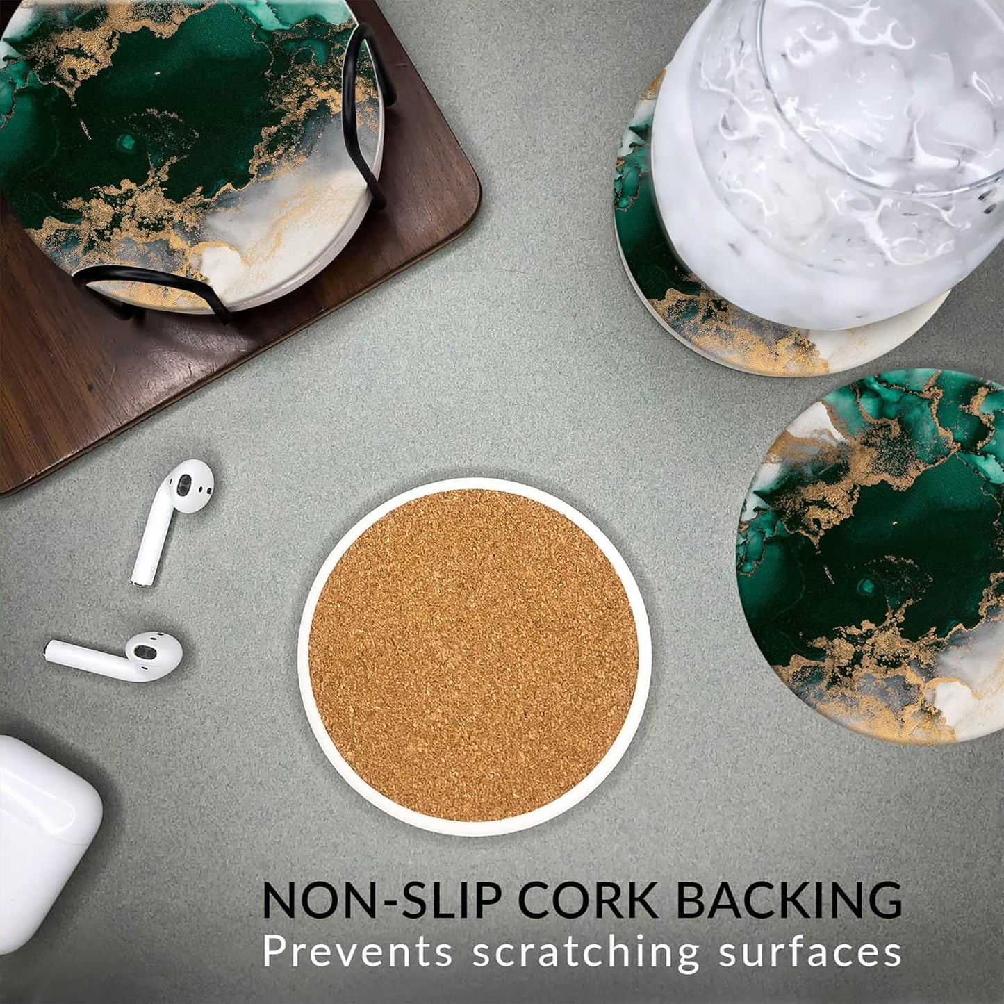 Emerson Coasters for Drinks Absorbent – Natural Stone Drink Coasters Set with Holder, Coasters for Coffee Table, Wooden Tabletop Protection Marble Style – 100% Heavy Duty Set of 6 (Green Forest)