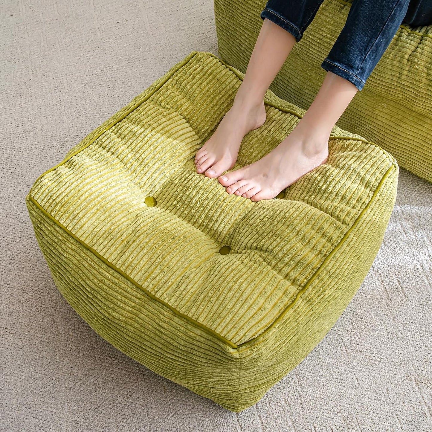 HIGOGOGO Square Stuffed Pouf Ottoman, Corduroy Poufs with Foam Chunk Filling, Furry and Fluffy Pouf Foot Stool Storage Ottoman, 25.6 X 25.6 Floor Poufs Foot Rest for Living Room, Green