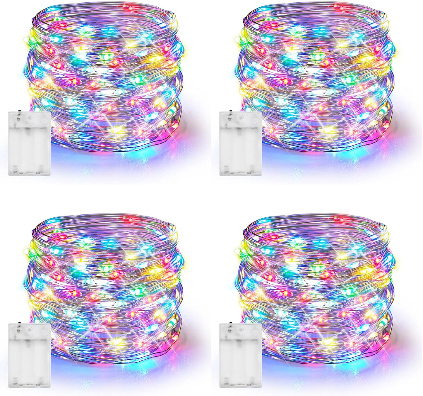 Dazzle Bright Fairy Lights Battery Operated, 4 Pack Total 80FT 240LED Silver Wire Waterproof String Lights, Christmas Decorations for Indoor Outdoor Bedroom Yard Decor, Multi-Colored