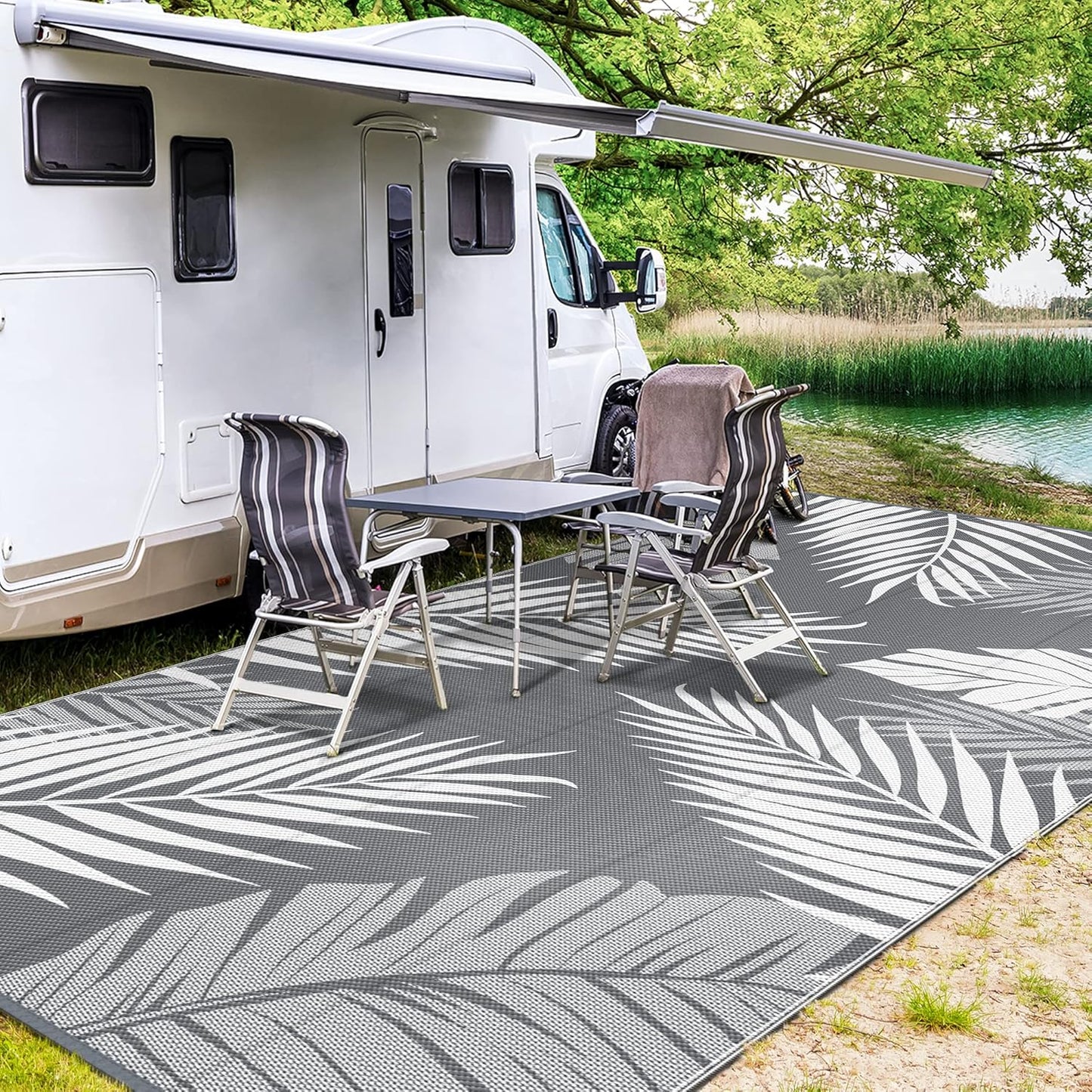 GENIMO Outdoor Rug 10' x 14' Waterproof for Patios Clearance, Reversible Outdoor Plastic Straw Camping Rug Carpet, Large Area Rugs Mats for RV, Camper, Deck, Balcony, Porch, Beach, Picnic, Grey&White