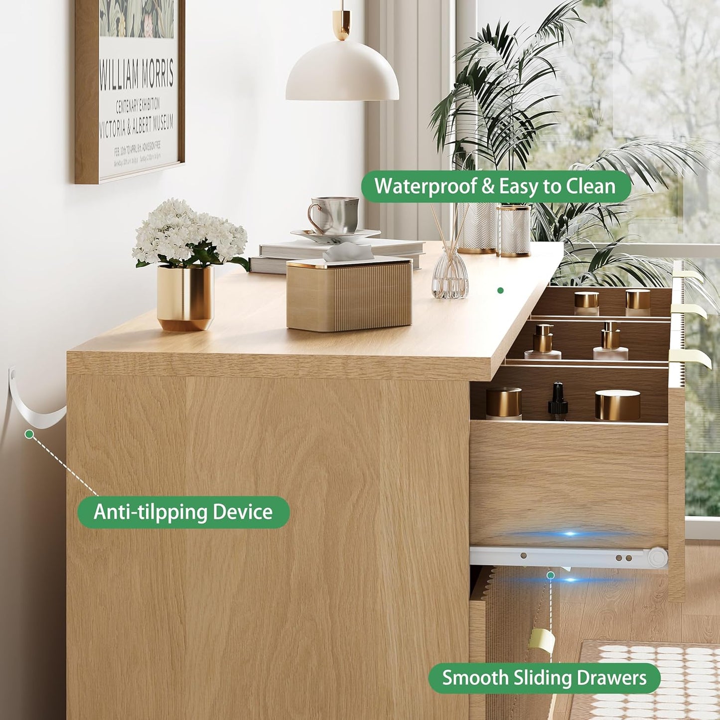 Fluted Dresser for Bedroom with 7 Drawers, 48" Wide Modern Chest of Drawers with Metal Handle, Wood Dresser TV Stand, Wooden Closet Clothes Storage Organizer for Living Room, Hallway, Natural Oak