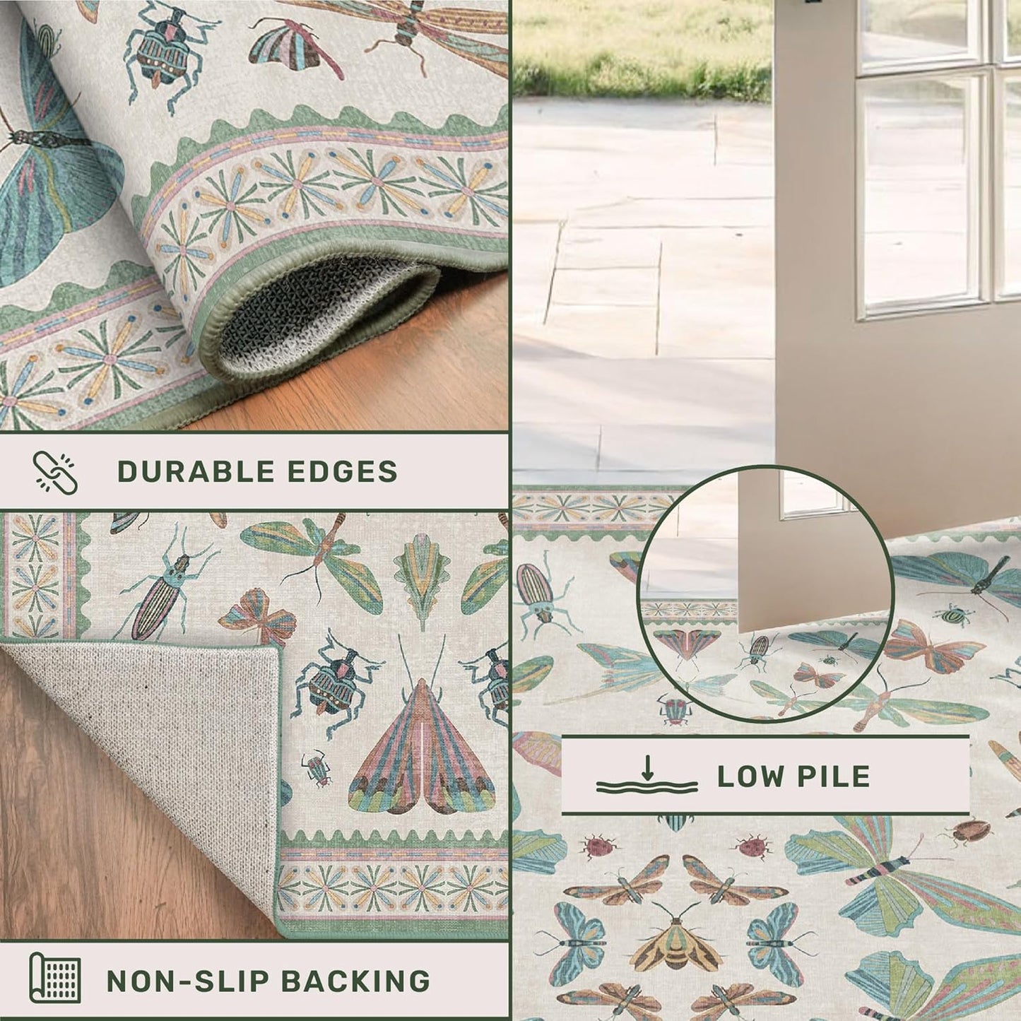 Green Butterfly Rugs for Girls Bedroom - 8x10 Floral Area Rug for Living Room, Dining Room Under Kichen Table, Washable Lightweight Insect Print Large Carpet Indoor
