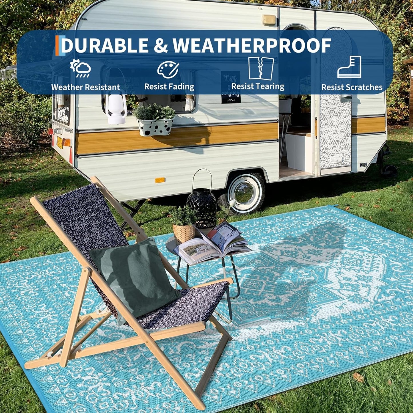 GAOMON Outdoor Rug Waterproof 9x12 Patio Rugs Reversible Plastic Straw Rug, Large UV-Resistant Portable RV Camping Mats, Indoor Outdoor Medallion Carpet for Deck Porch Garden, Light Blue & White