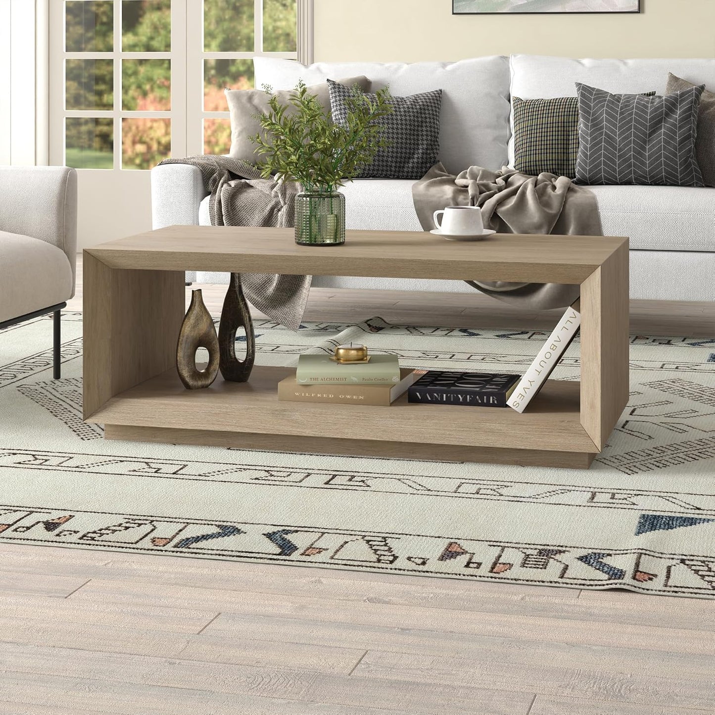 Henn&Hart 48" Rectangular Coffee Table with Open Storage Shelf for Living Room, Family Room, or Office, Antiqued Gray Oak