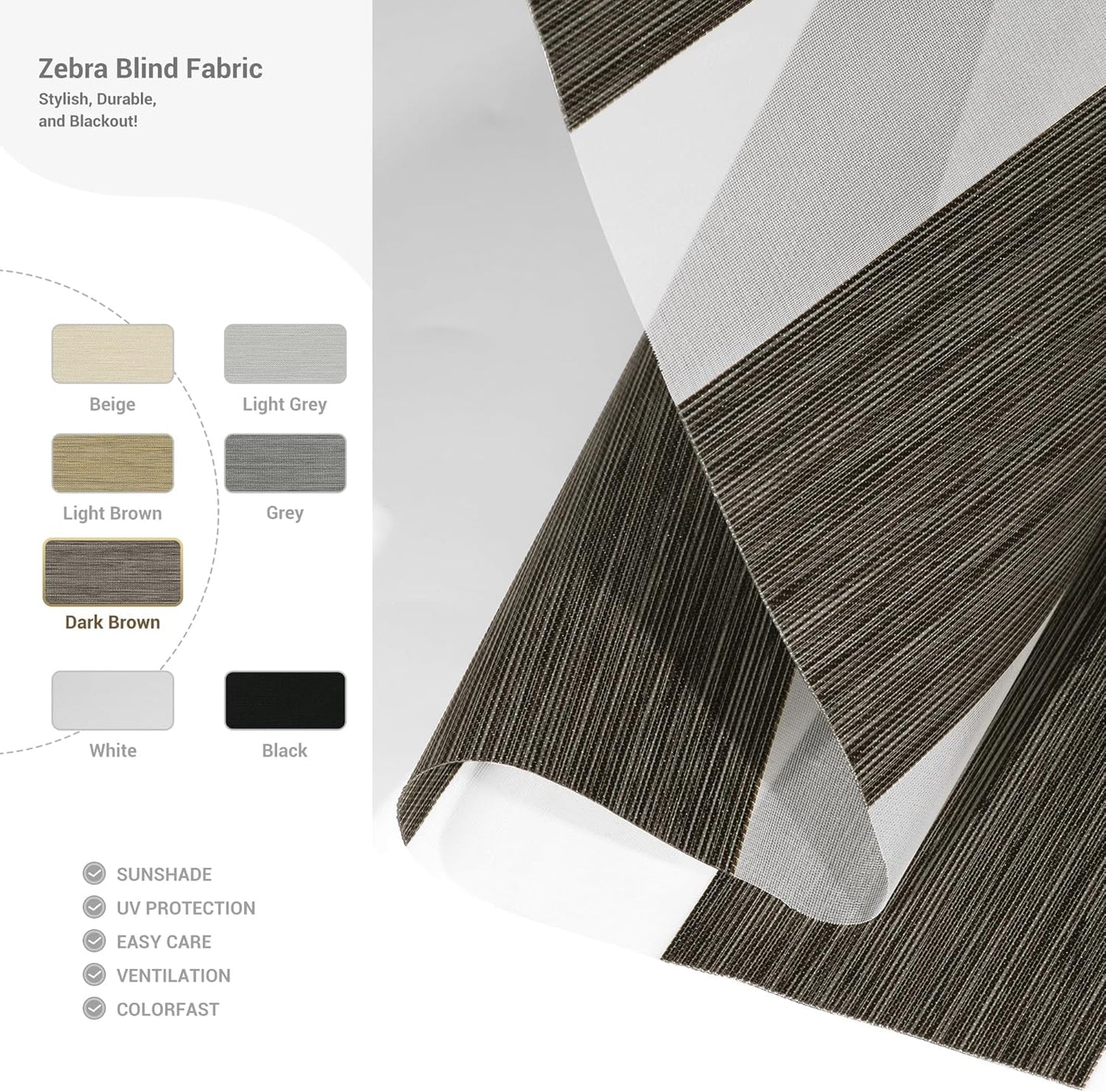 Cordless Zebra Blinds for Windows, Blackout Interior Blinds,Easy to Install,UV Protection,for Offices and Home,Custom Roller Shades, Mousse Dark Bown,44" W x 80" H