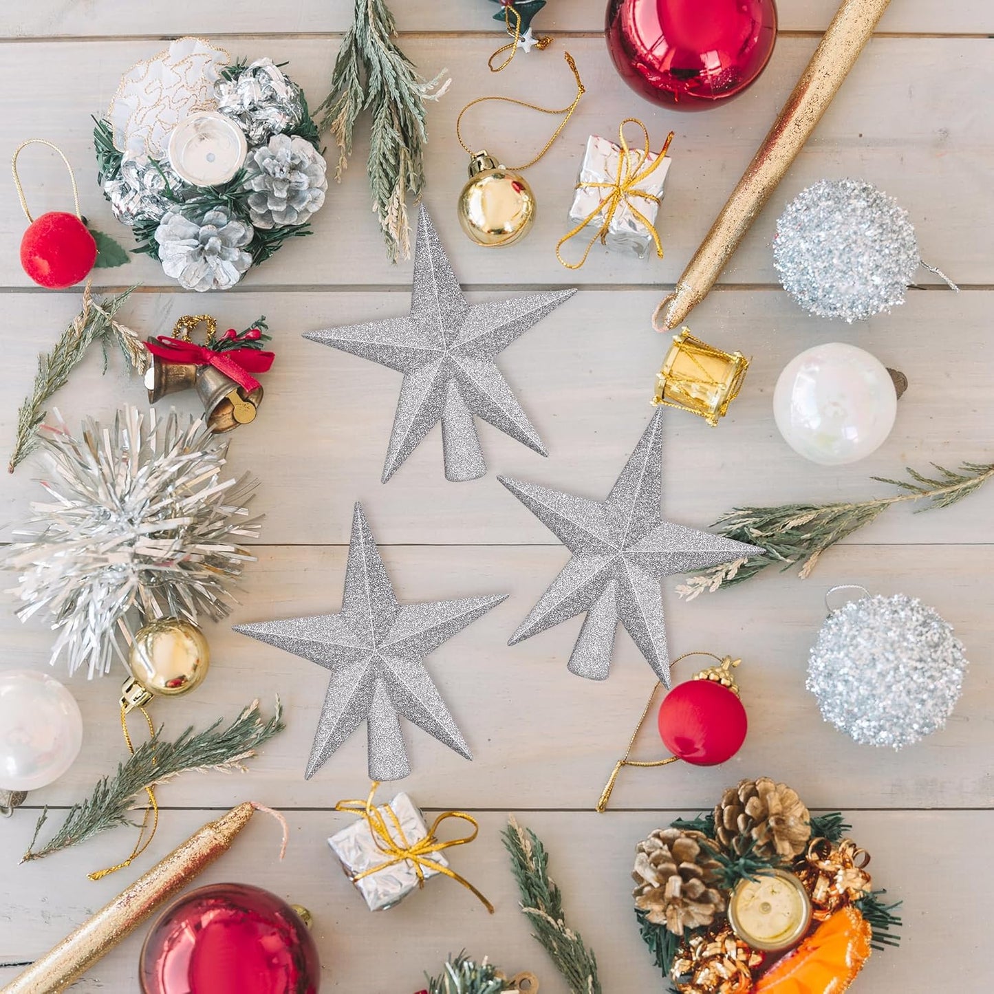 1PCS Tree Topper, 4" Star Christmas Tree Topper Glitter Sliver, Mini Bethlehem Star Xmas Shatterproof Tree Topper Decorations, Waterproof Christmas Decor for Holiday Home Indoor & Outdoor Ornament