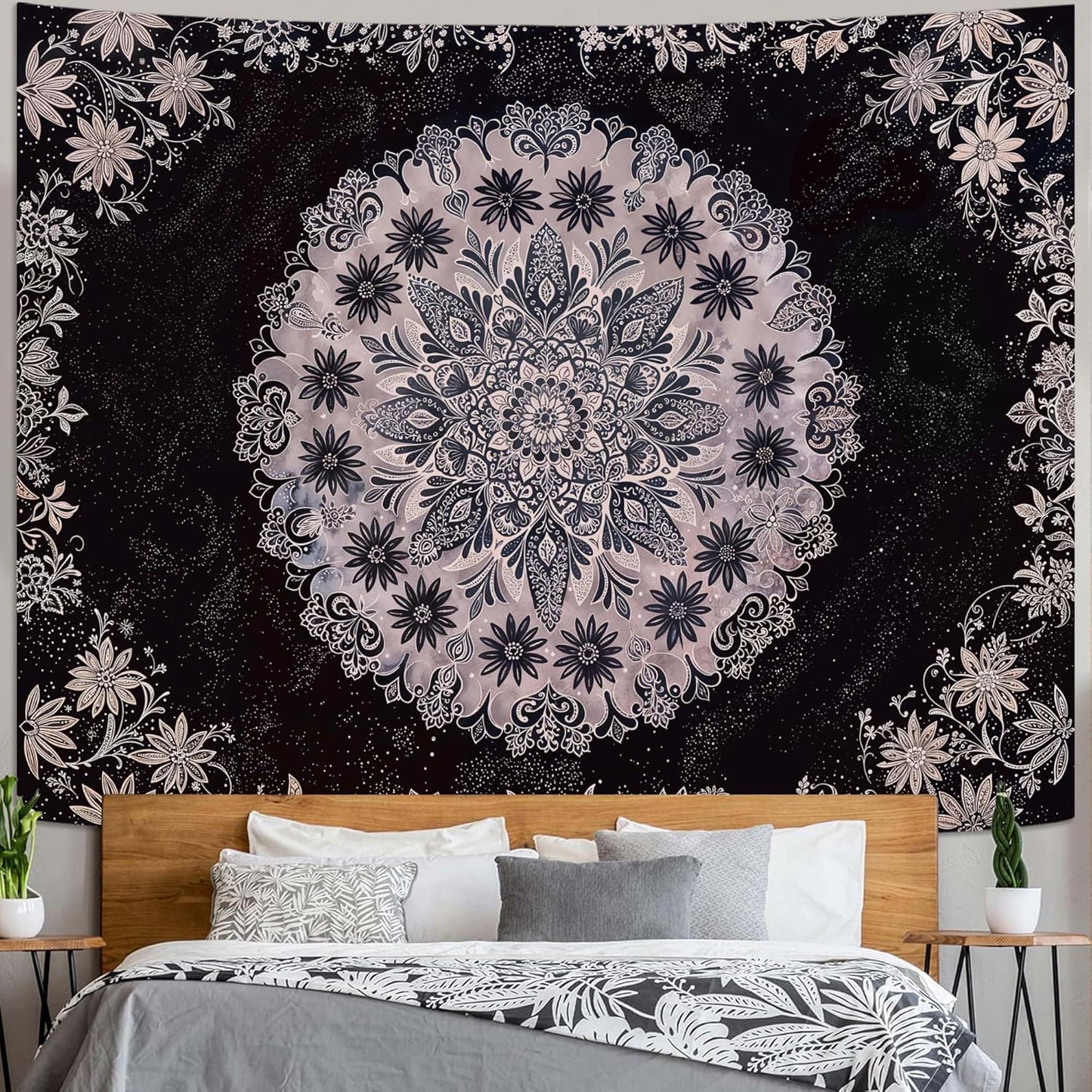 Fowocu Boho Floral Mandala Tapestry Wall Hanging Grey Bohemian Flower Medallion Tapestry Aesthetic Gray Black Hippie Indian Small Tapestries for Bedroom Living Room Dorm Decor 80 x 60 Inch