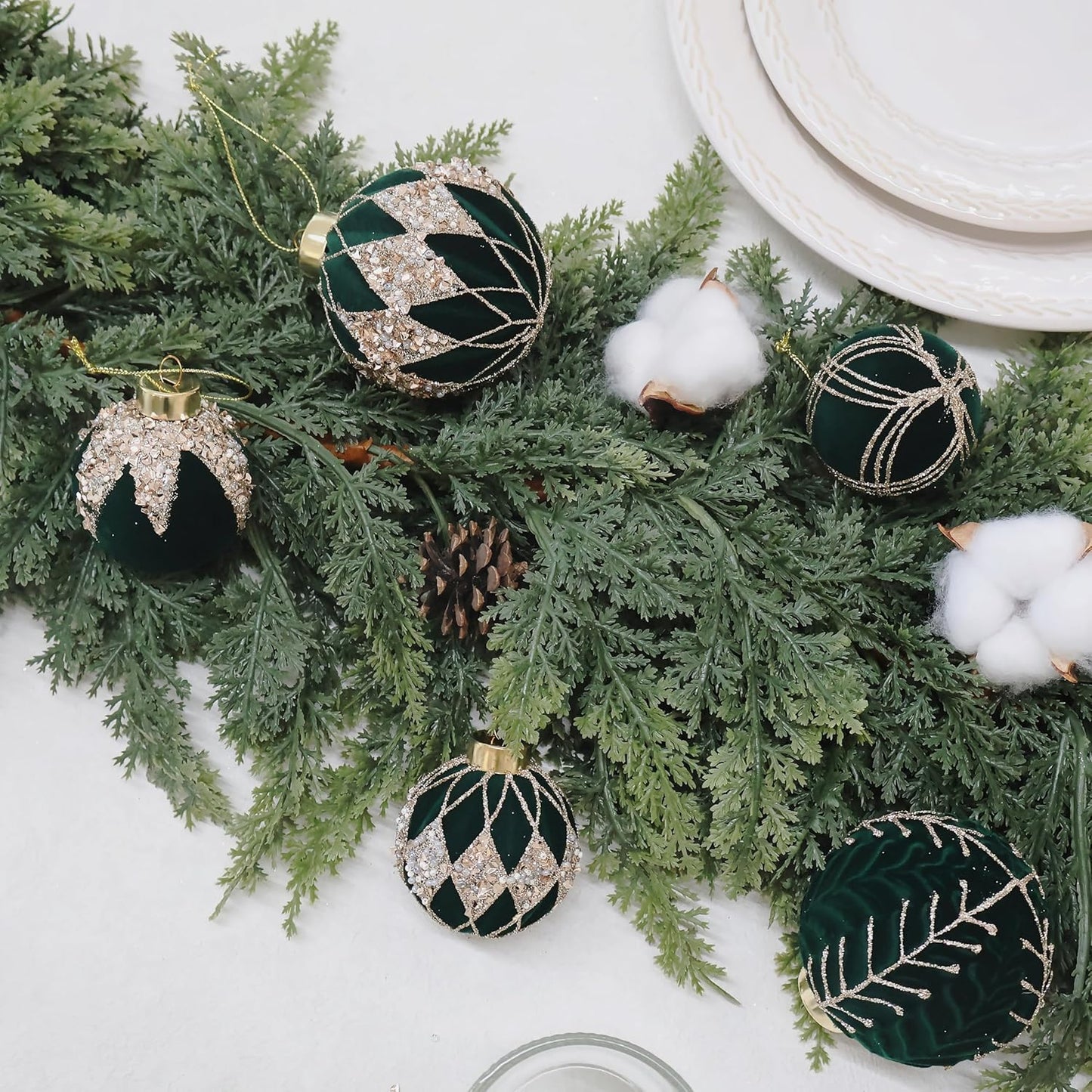 3.15INCH Green Velvet Ornaments for Christmas Tree, 12PCS Glitter Flocked Christmas Ornaments Decorations Balls Set Decor