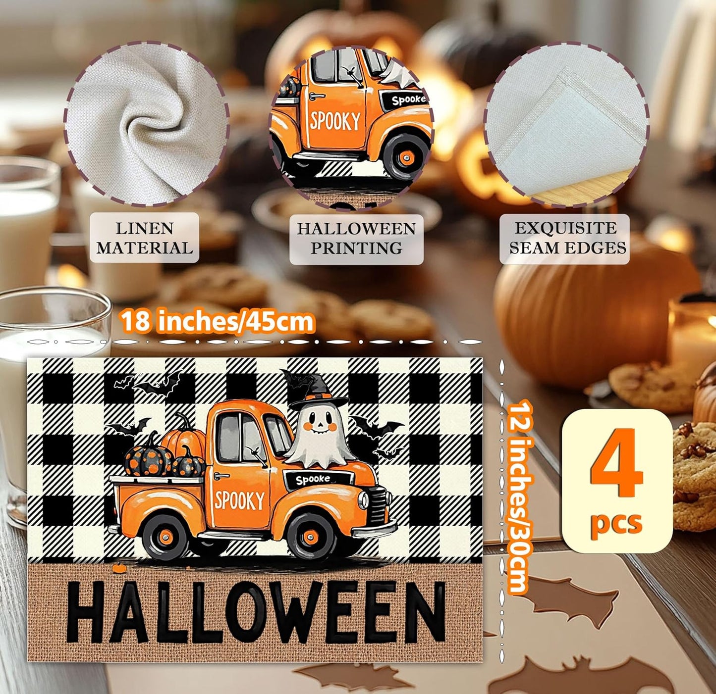 Halloween Pumpkin Placemats Set of 4, 12x18 Inch Plaid Truck Decorative Table Mats, Washable Heat Resistant Place Mats for Kitchen Dining Table, Spooky Themed Decoration for Home-B08