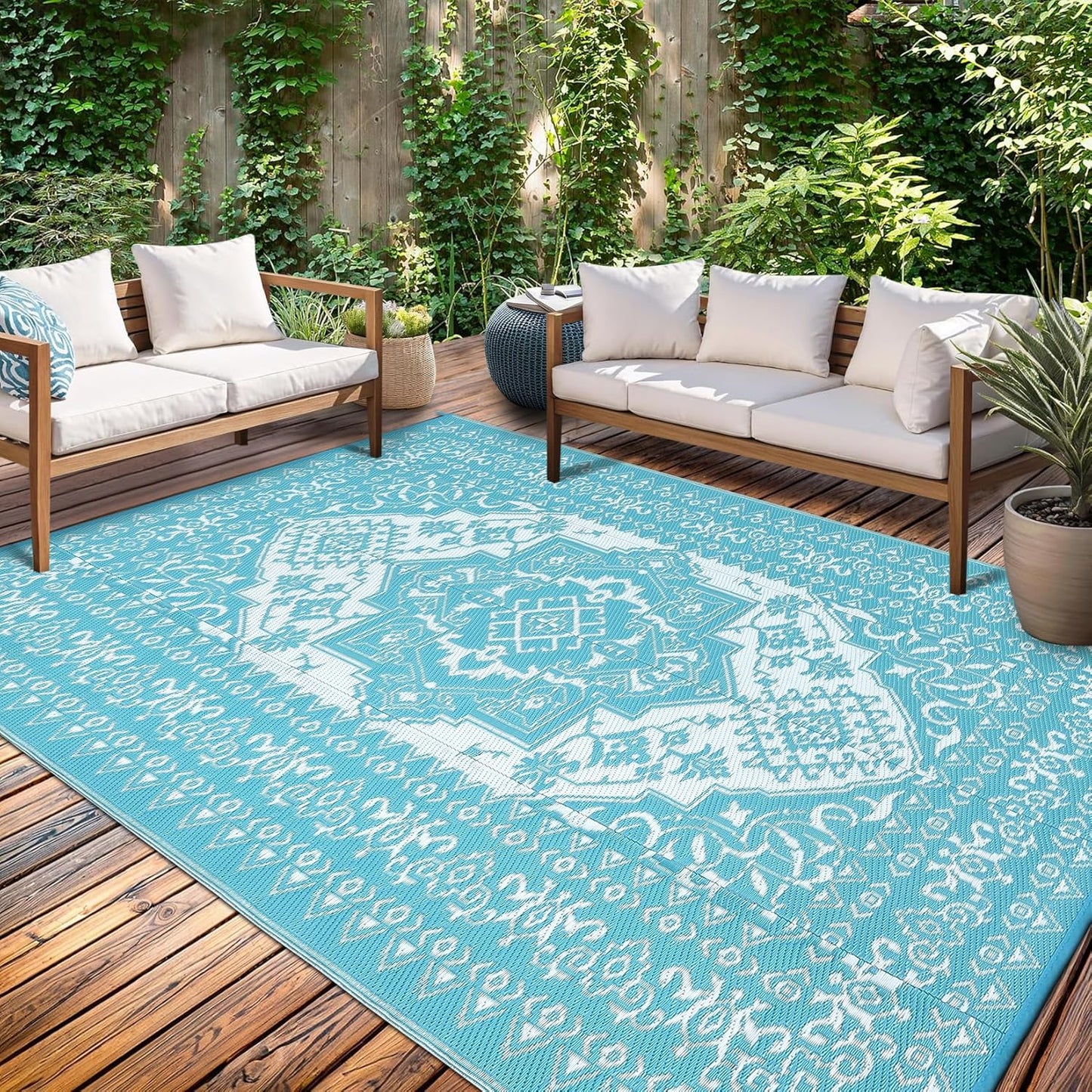 GAOMON Outdoor Rug Waterproof 9x12 Patio Rugs Reversible Plastic Straw Rug, Large UV-Resistant Portable RV Camping Mats, Indoor Outdoor Medallion Carpet for Deck Porch Garden, Light Blue & White