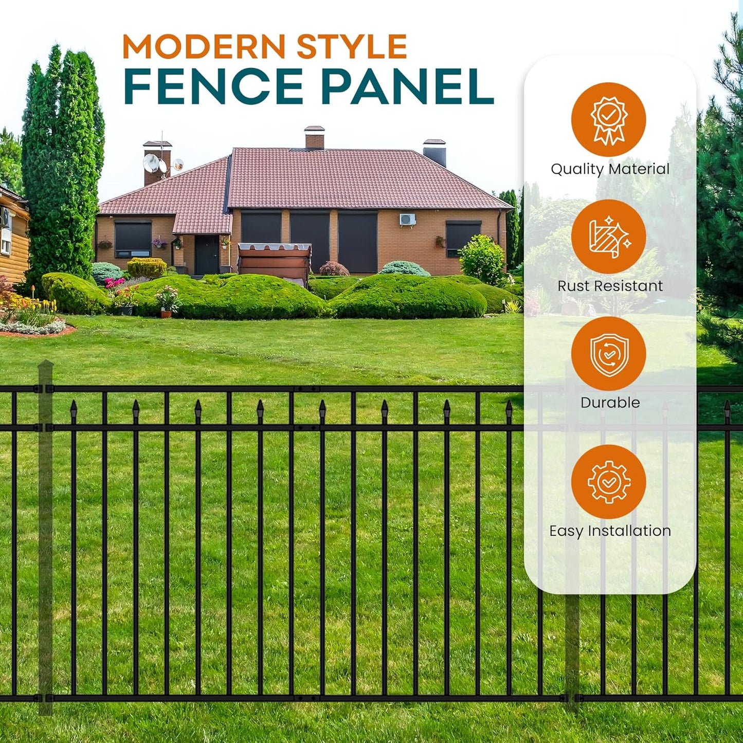 Heavy-Duty Black Metal Fence Panel, 6.5' W x 4' H, Pre-Fab Wrought Iron, Rust-Resistant, Easy to Install DIY Decorative Outdoor Fencing for Yard & Garden (Posts Sold Separately)
