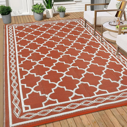 GAOMON Reversible Outdoor Rug 9'x18' Waterproof Plastic Straw Rug, Patio Rug, Large Modern Area Rug Carpet, Indoor Outdoor Rugs for Camping, Porch, Deck, Balcony, Backyard, Orange/White(Geometric)