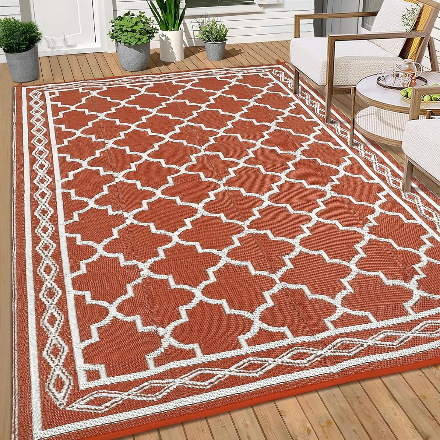 GAOMON Outdoor Rug Waterproof 8'x10', Reversible Outdoor Plastic Straw Rug, Boho Patio Rug, Indoor Outdoor Carpet, RV Mat Outside for Patio, Camp, Picnic, Balcony, Deck, Orange/White(Geometric)