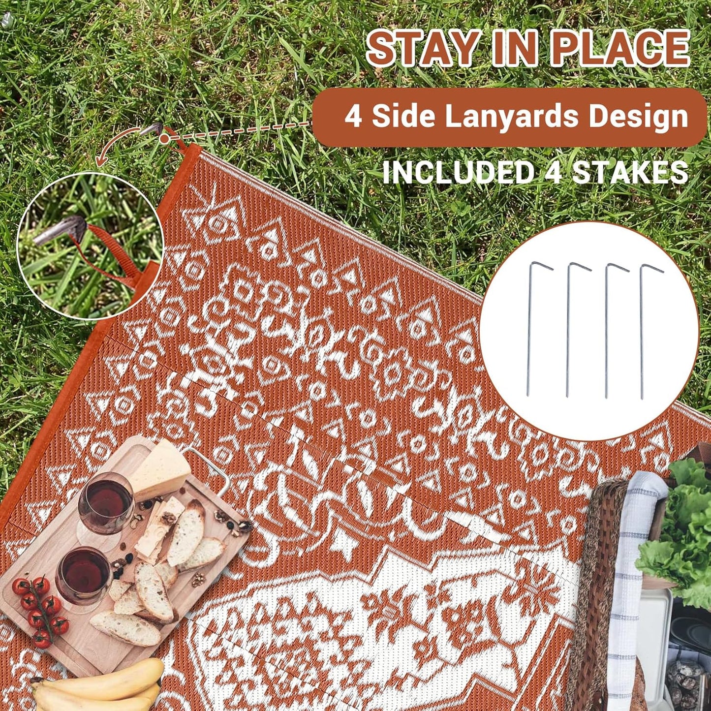 GAOMON Outdoor Plastic Straw Rug 9x12 Waterproof Reversible Patio Rug, Large UV-Resistant Portable RV Camping Mats, Indoor Outdoor Rugs for Outside Deck Front Porch Garden RV, Red & White