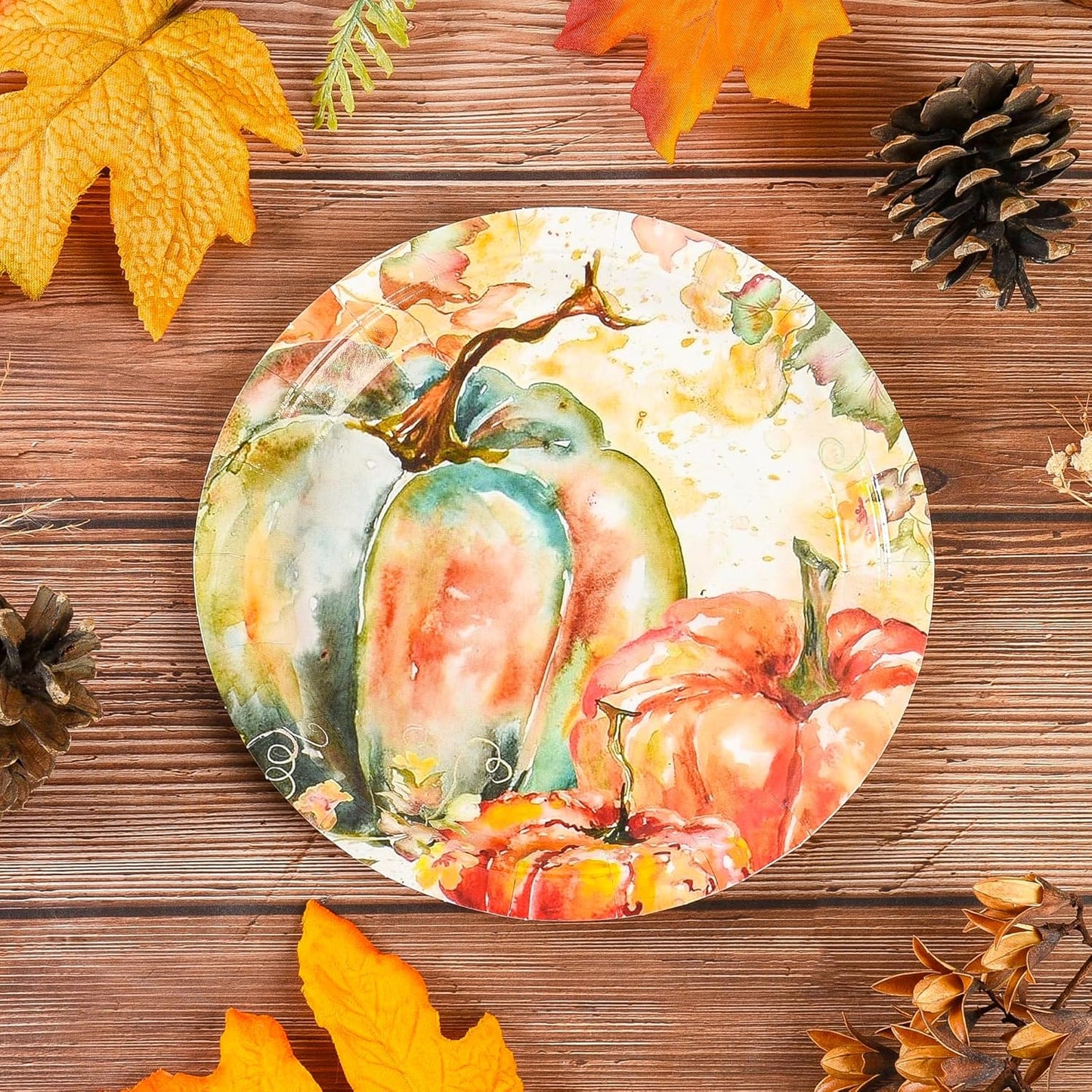 Fall Dessert Plates Thanksgiving Pumpkin Paper Plates 7" Autumn Watercolor Pumpkins Party Plates Harvest Teal and Orange Pumpkins Disposable Decorative Dessert Plates (48)