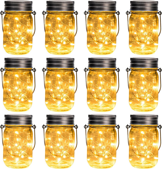 GIGALUMI Solar Mason Jar Lights, 12 Pack 30 Led String Fairy Lights Garden Lights Outdoor Waterproof Hanging Solar Lanterns for Outdoor, Garden, Patio, Lawn, Balcony Decoration