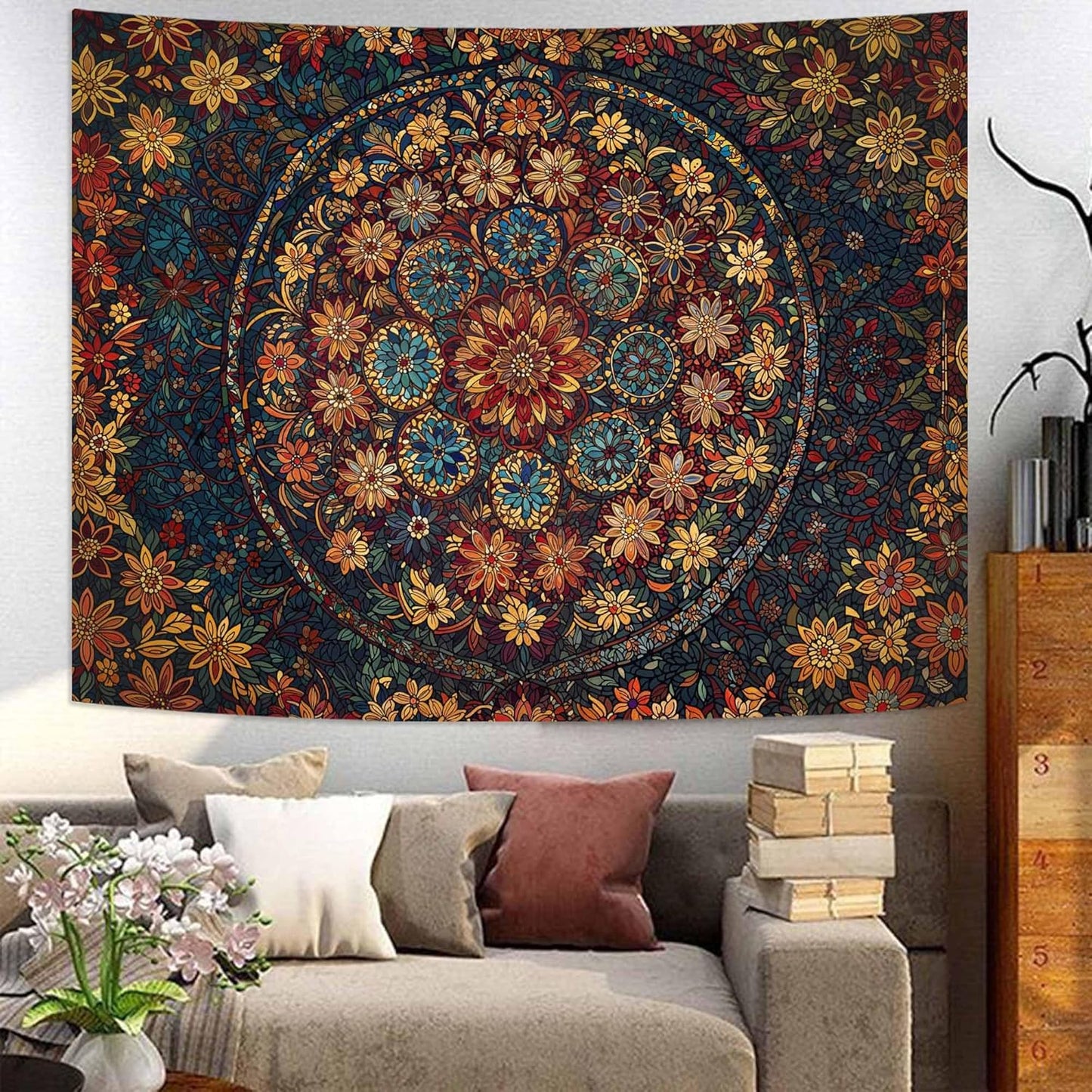 Fowocu Boho Floral Mandala Tapestry Wall Hanging Vintage Bohemian Flower Medallion Tapestry Aesthetic Orange Stained Glass Hippie Small Tapestries for Bedroom Living Room Dorm Decor 40 x 30 Inch