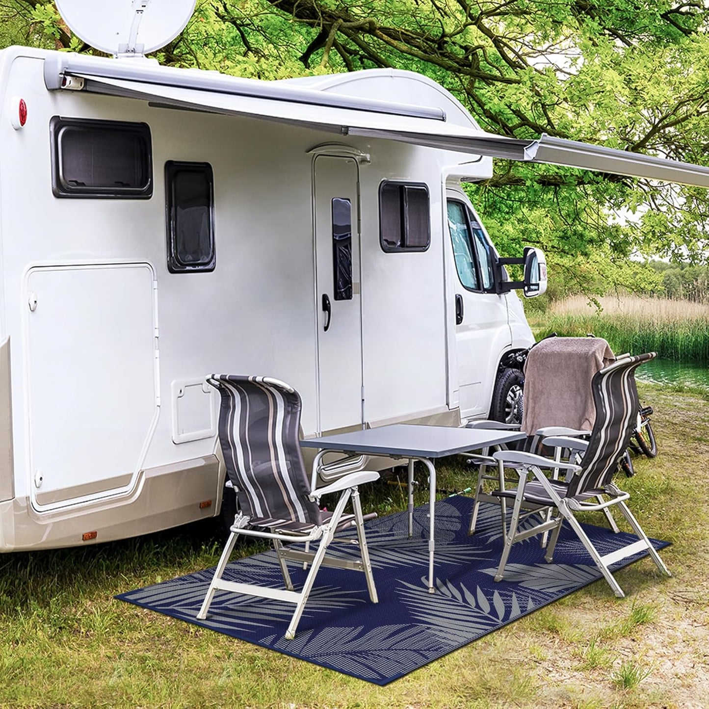 GENIMO Outdoor Rug 3' x 5' Waterproof for Patios Clearance, Reversible Outdoor Plastic Straw Camping Rug Carpet, Large Area Rugs Mats for RV, Camper, Deck, Balcony, Porch, Beach, Picnic Navy Blue&Grey