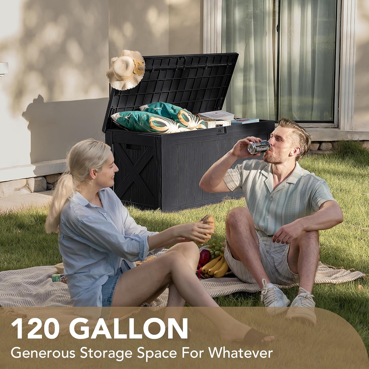 Devoko 120 Gallon Deck Box Resin Outdoor Storage Box Waterproof for Patio, Large Outdoor Storage Bench Lockable for Outside (Black)