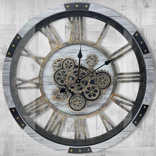 DORBOKER 30" Original Moving Gears Wall Clock, Large Industrial Wall Clock for Living Room Decor, Solid Wood Vintage Farmhouse Steampunk Rustic Clocks for Wall Decor,Silver Grey