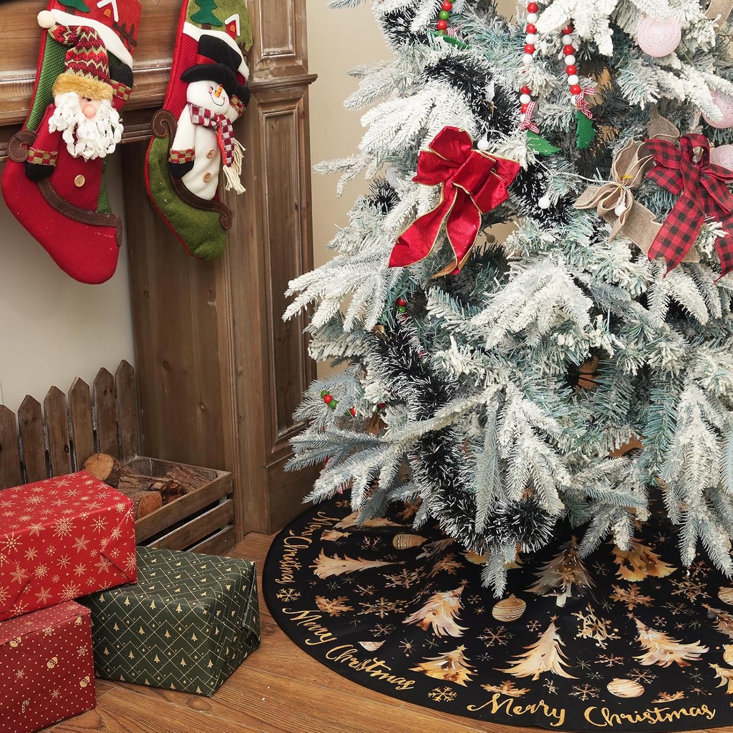 CROWNED BEAUTY Merry Christmas Tree Skirt Collar 48 Inch Xmas Trees Snowflakes Soft Farmhouse Holiday Decoration (Gold & Black) TS26