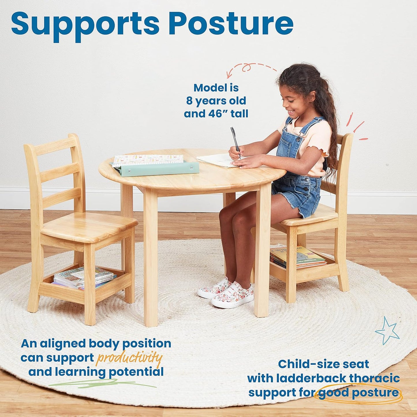 ECR4Kids Three Rung Ladderback Chair with Storage, 14in Seat Height, Classroom Seating, Honey, 2-Pack