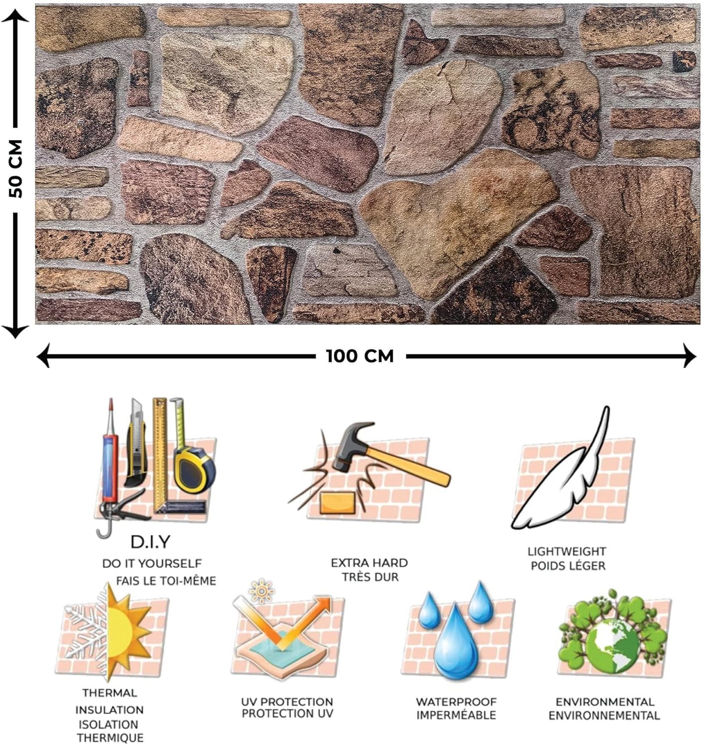 Dundee Deco 3D Wall Panels - Cladding, Shades of Brown Grey Stone Look Wall Paneling, Styrofoam Facing for Interior and Exterior Applications, DIY, Set of 5, Covers 27 sq ft